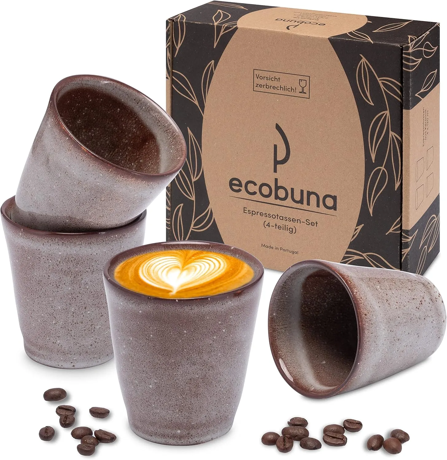 Bild von ECOBUNA Espressotassen Set aus Portugal mit 4 Steingutbechern ohne Henkel in Cappuccino Grau, ideal für verschiedene Kaffeespezialitäten