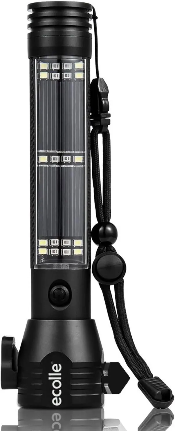 Bild von Ecolle Multi Taschenlampe mit Solaraufladung und 2000mAh Akku, 200 Lumen, Powerbank Funktion, Gurtschneider, Notfallhammer, Kompass und 7 Lichtmodi