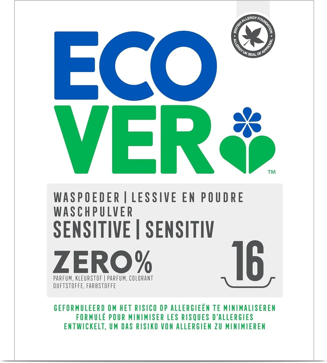 Bild von Ecover ZERO Waschpulver 1,2 kg für 16 Waschladungen, sensitiv und pflanzenbasiert, ideal für Allergiker und empfindliche Haut