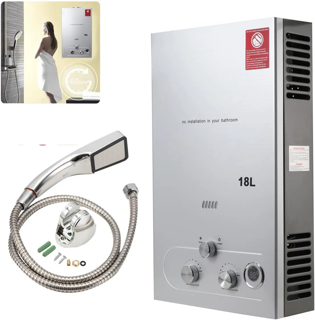Bild von ECUTEE 18L LPG Durchlauferhitzer mit 36 kW für sofort heißes Wasser, inklusive galvanisiertem Duschkopf und Schlauch, ideal für Camping und Wohnmobile, in Silber