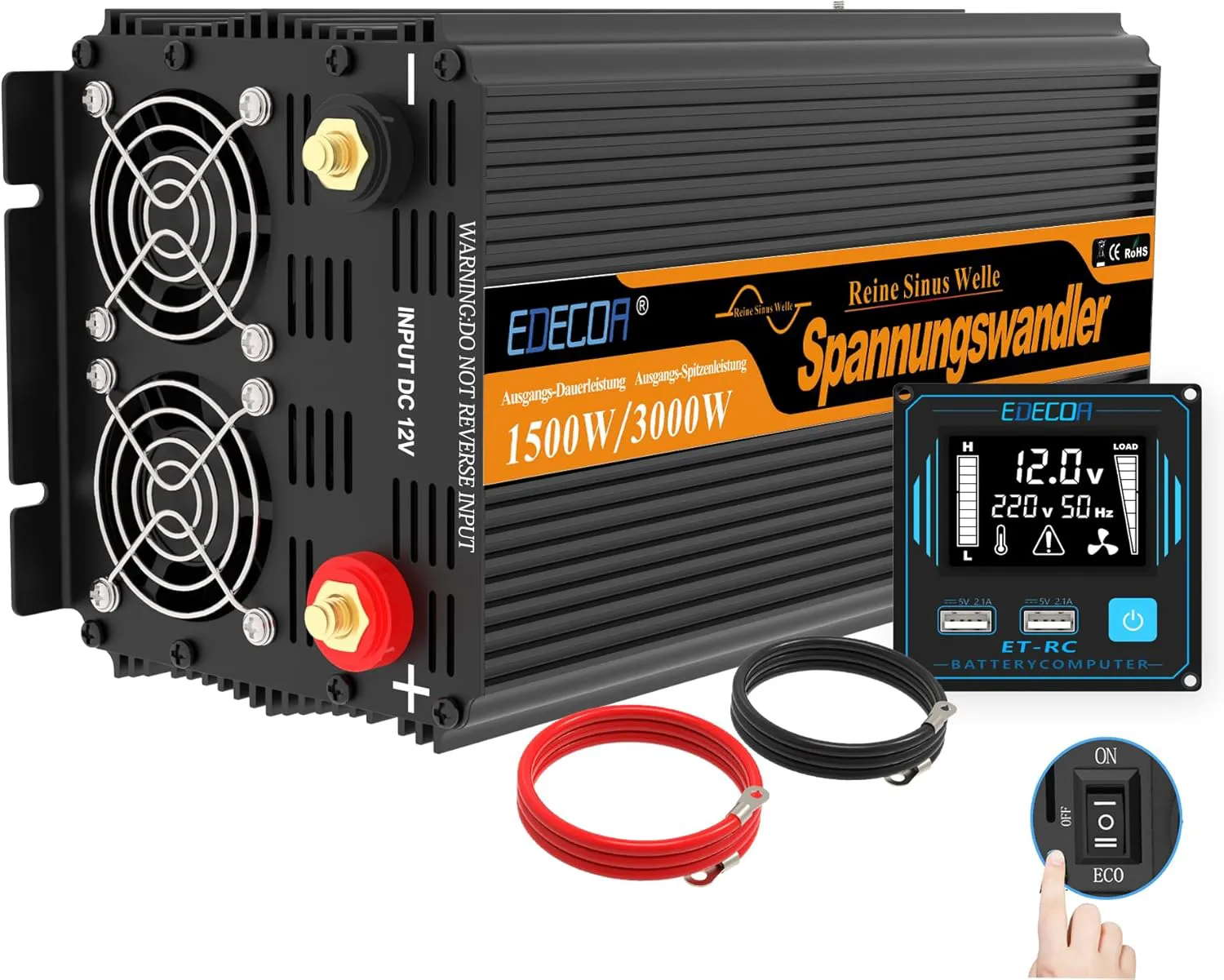 Bild von EDECOA 1500W Spannungswandler von 12V auf 230V mit Fernbedienung, LCD und 2 USB-Anschlüssen