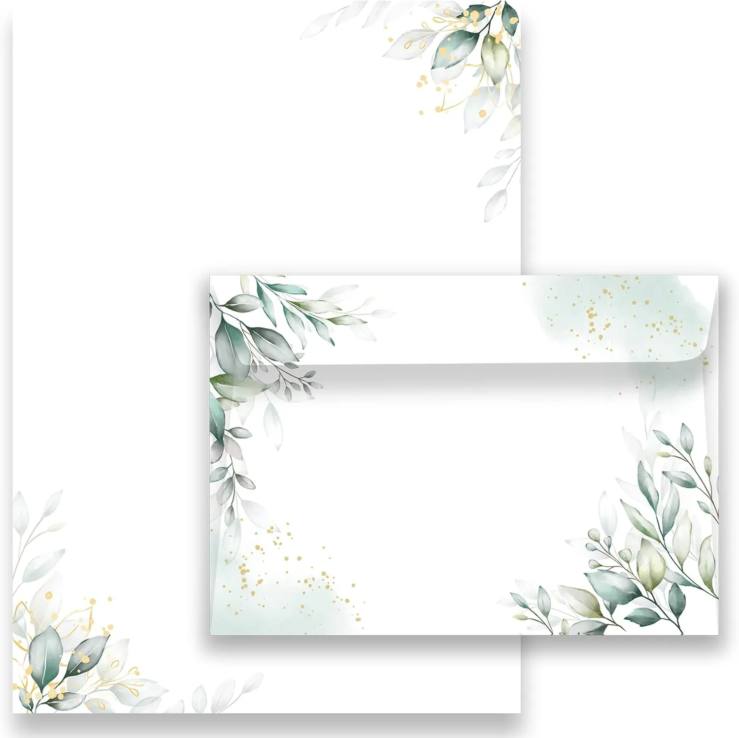Bild von Edelgrünes Briefpapier und Umschlag Set mit Blattdesign, 30 Blatt A4 und 10 C6 Umschlägen, 120 g/m² und 80 g/m²