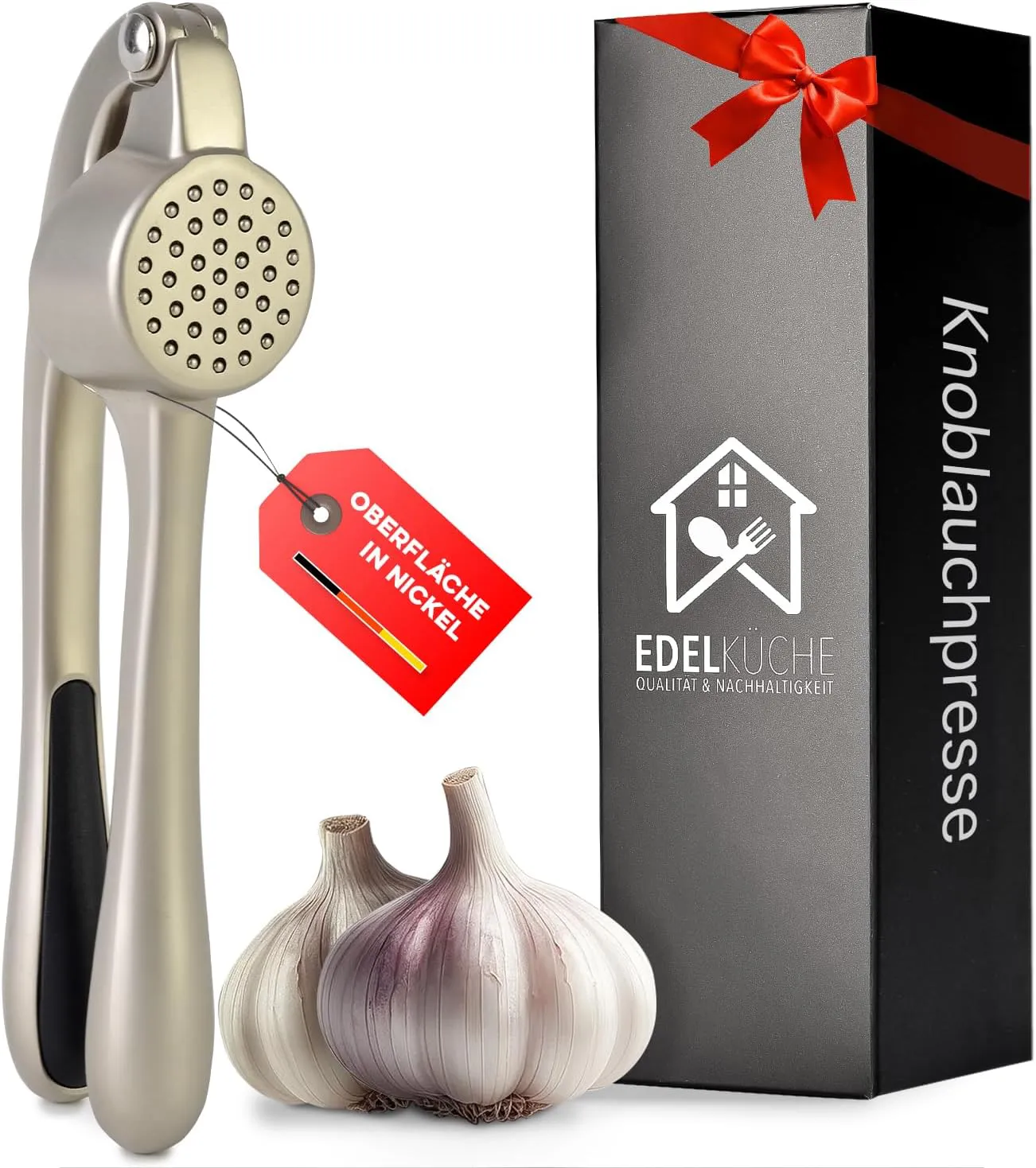 Bild von EdelKüche Premium Knoblauchpresse aus Nickel für Knoblauch und Ingwer, spülmaschinenfest und pflegeleicht