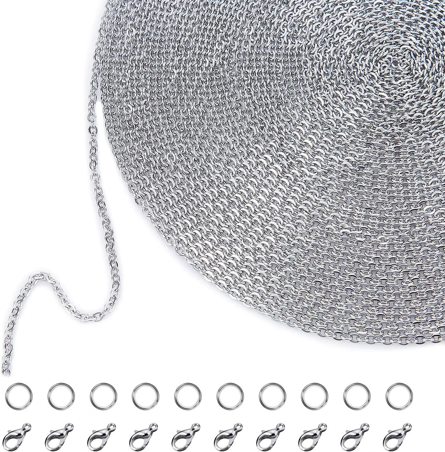 Bild von Edelstahl DIY Kette mit 33 Fuß Länge, 20 Karabinern und 30 Sprungringen für die Schmuckherstellung, 1,5 mm dick