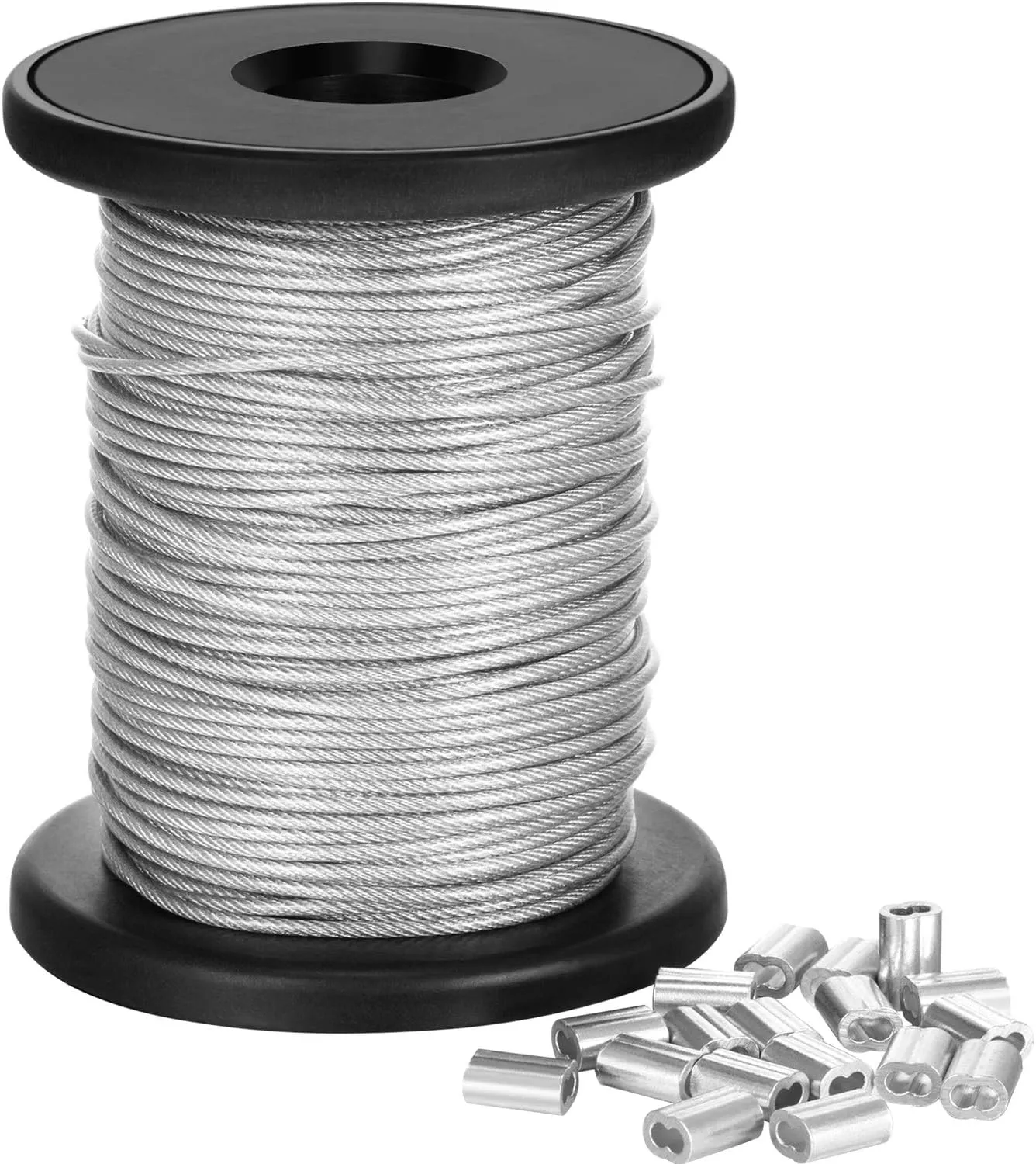 Bild von Edelstahl Drahtseil mit 1,5 mm Durchmesser und 20 Aluminium Crimpschlaufen, unterstützt bis zu 110 lbs und 98 Fuß lang