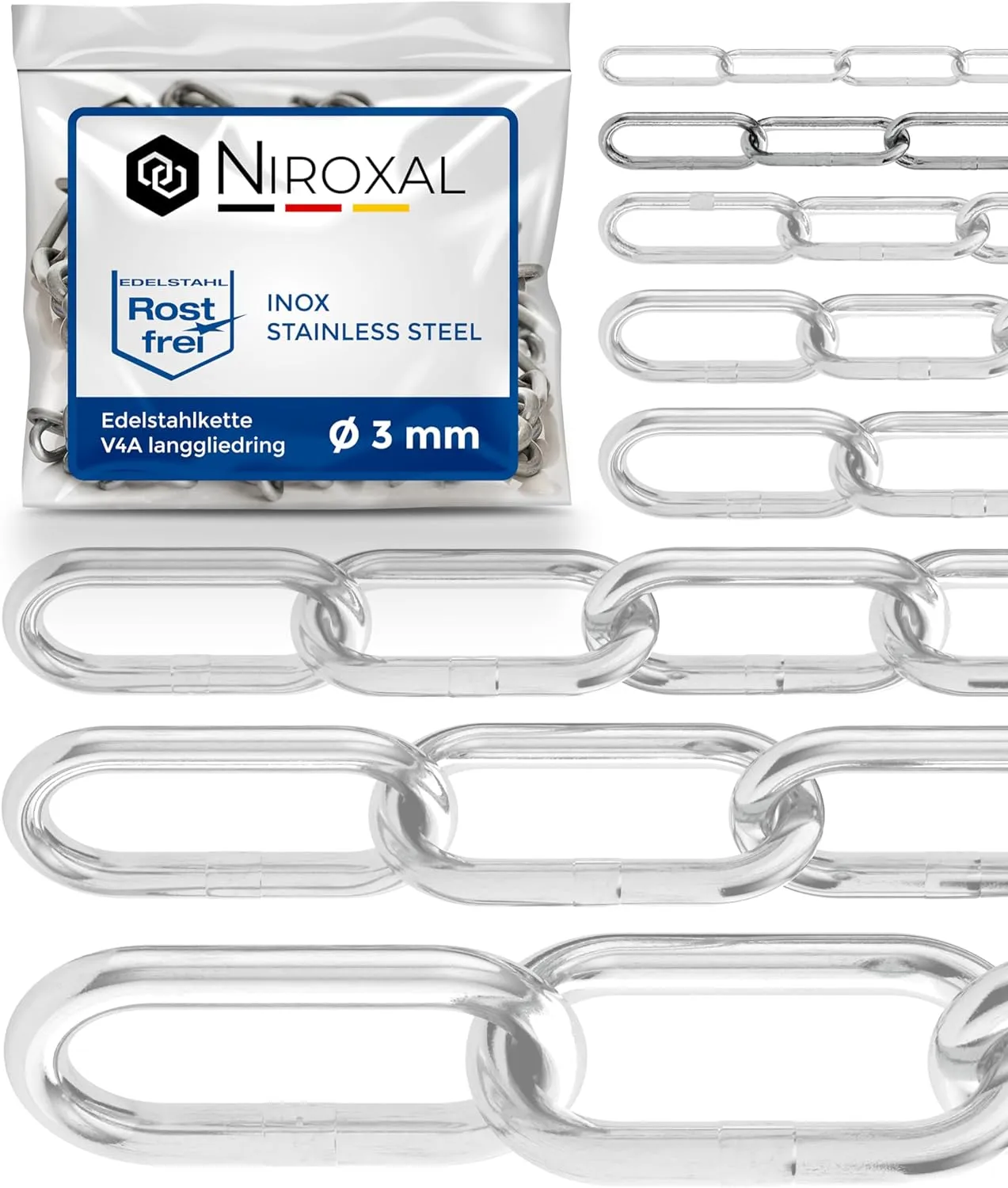 Bild von Edelstahl Kette 1 Meter lang, 3mm stark, V4A Ankerkette, rostfrei, DIN5685 und DIN763