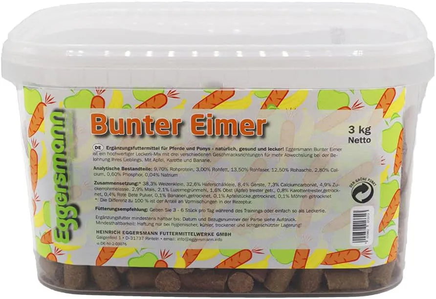 Bild von Eggersmann Lecker Bricks in buntem Eimer mit 3 kg Belohnungsfutter für Pferde in den Geschmacksrichtungen Apfel, Banane und Karotte