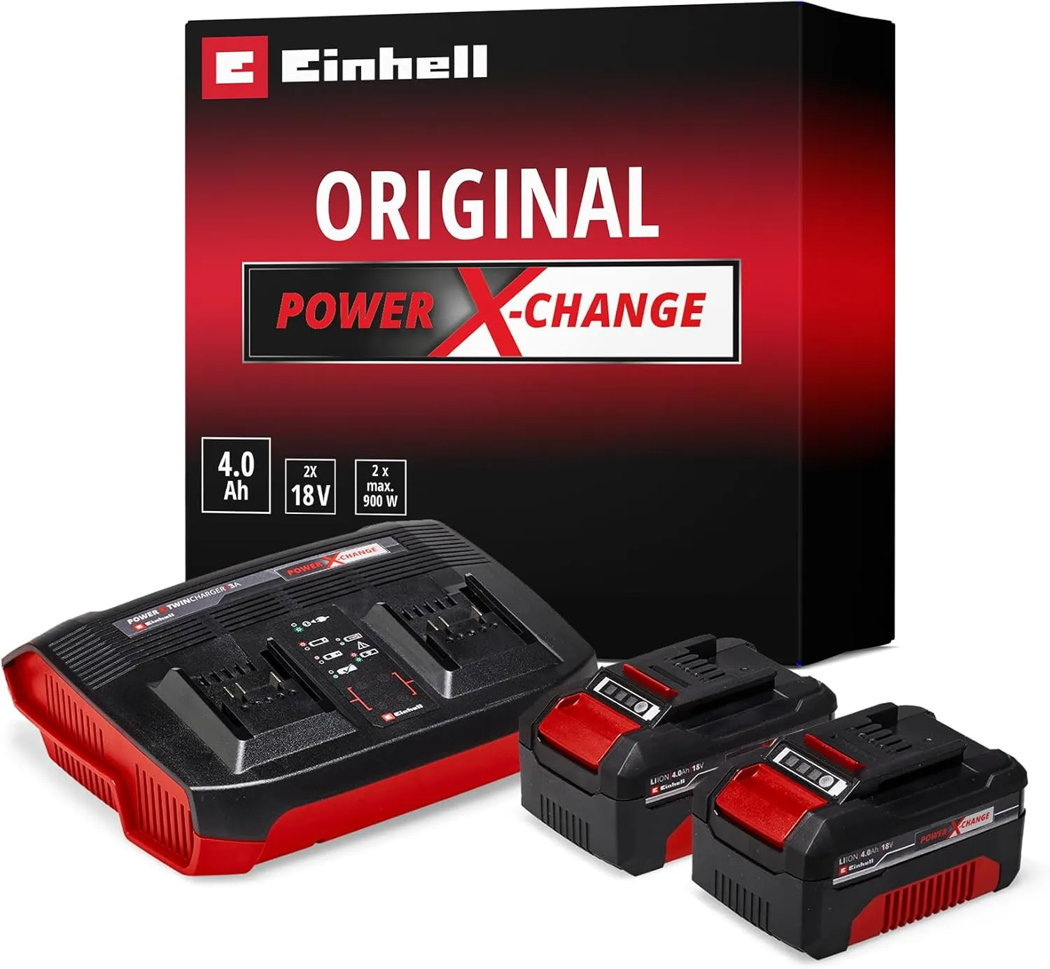 Bild von Einhell Starter Kit mit zwei 4,0 Ah Akkus und Twincharger für Power X-Change Geräte, 18 V, 75 Minuten Ladezeit
