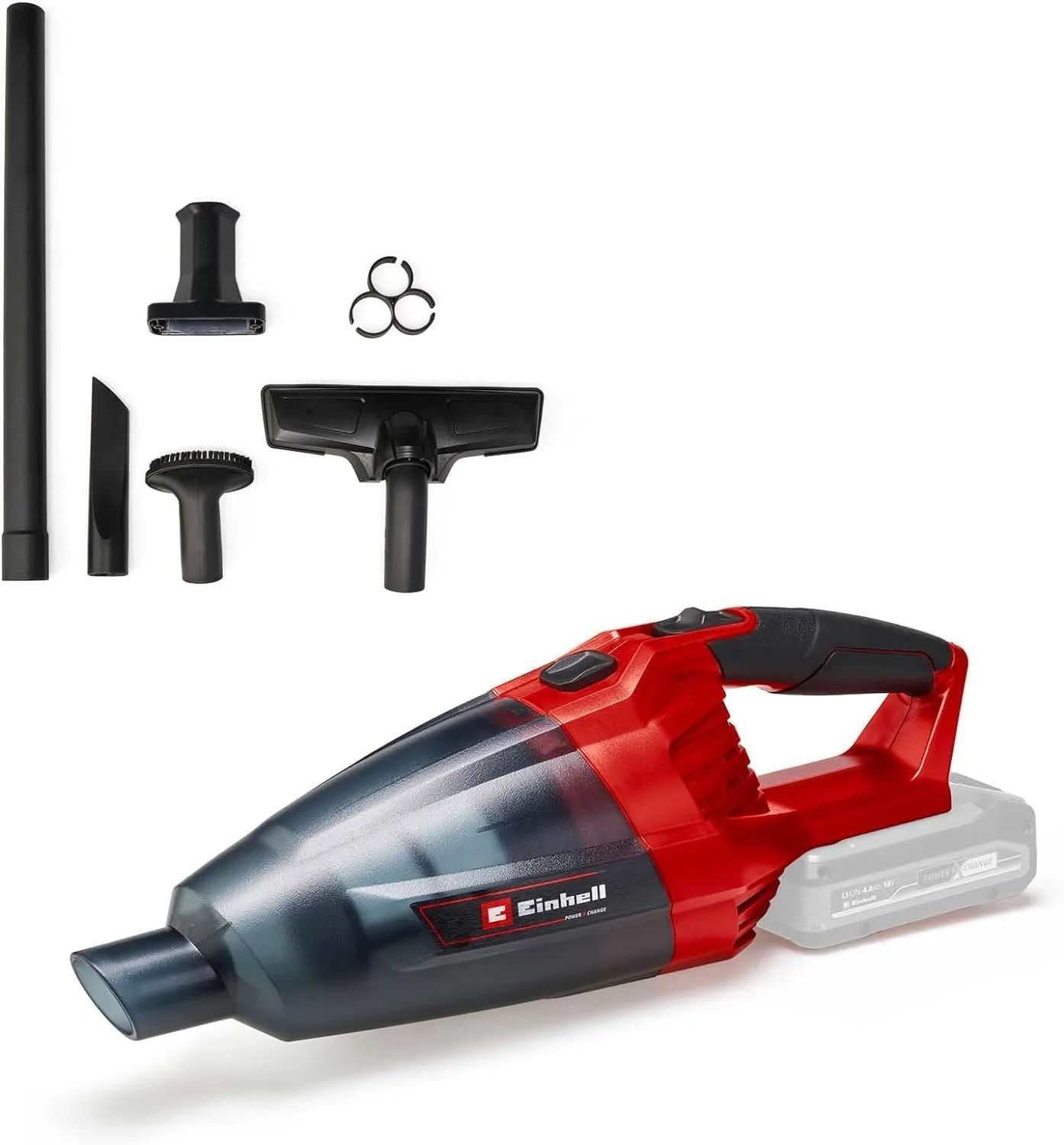 Bild von Einhell TE-VC 18 Li-Solo Akku-Handstaubsauger mit 18 Volt, 42 mbar Saugleistung und 540 ml Staubbehälter, inklusive 3 Düsen, Verlängerung und Wandhalterung
