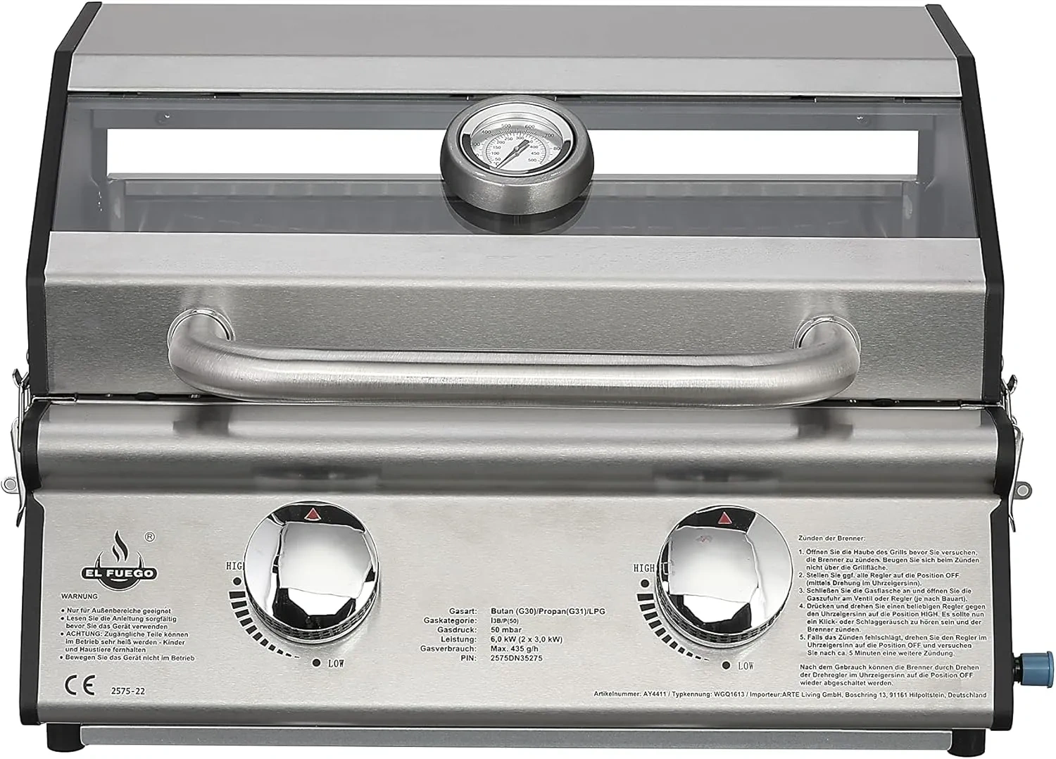 Bild von El Fuego JESOLO Gasgrill AY 4411 mit zwei Edelstahlbrennern und Sichtfenster