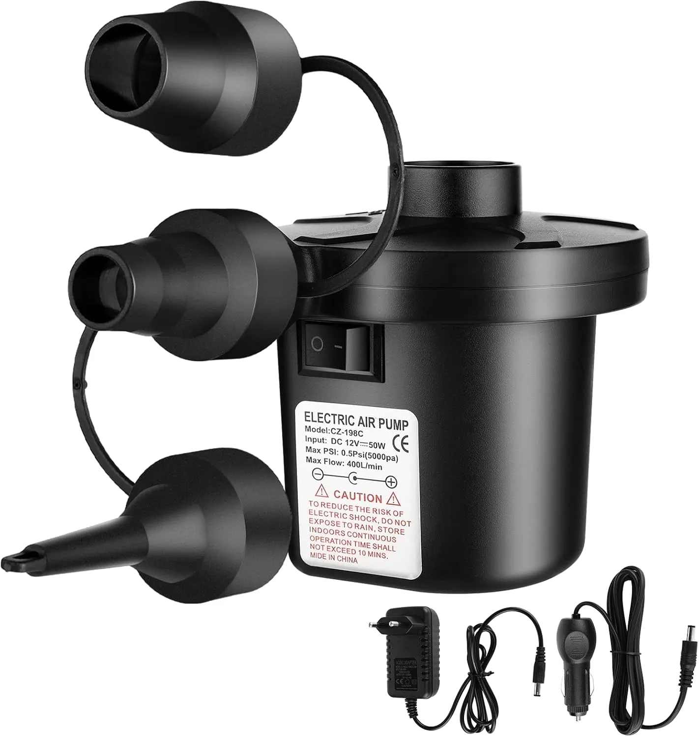 Bild von Elektrische Luftpumpe mit 2 in 1 Funktion zum Aufblasen und Entleeren, inklusive 3 Düsen für Matratzen, Boote und Schwimmringe