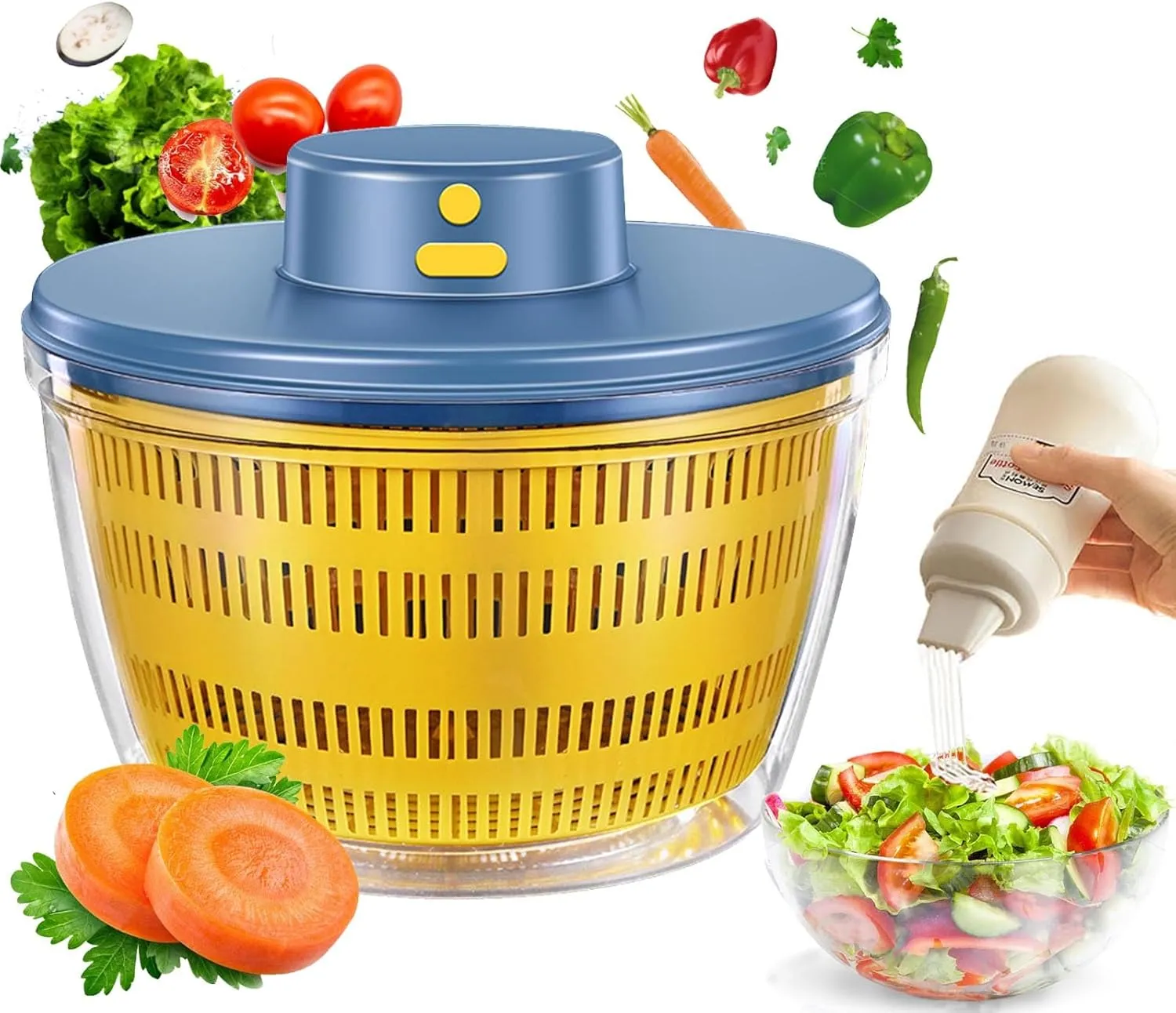 Bild von Elektrische Salatschleuder 4L mit Deckel und 350ml Squeeze Flasche für das Waschen und Trocknen von Salat Obst und Gemüse