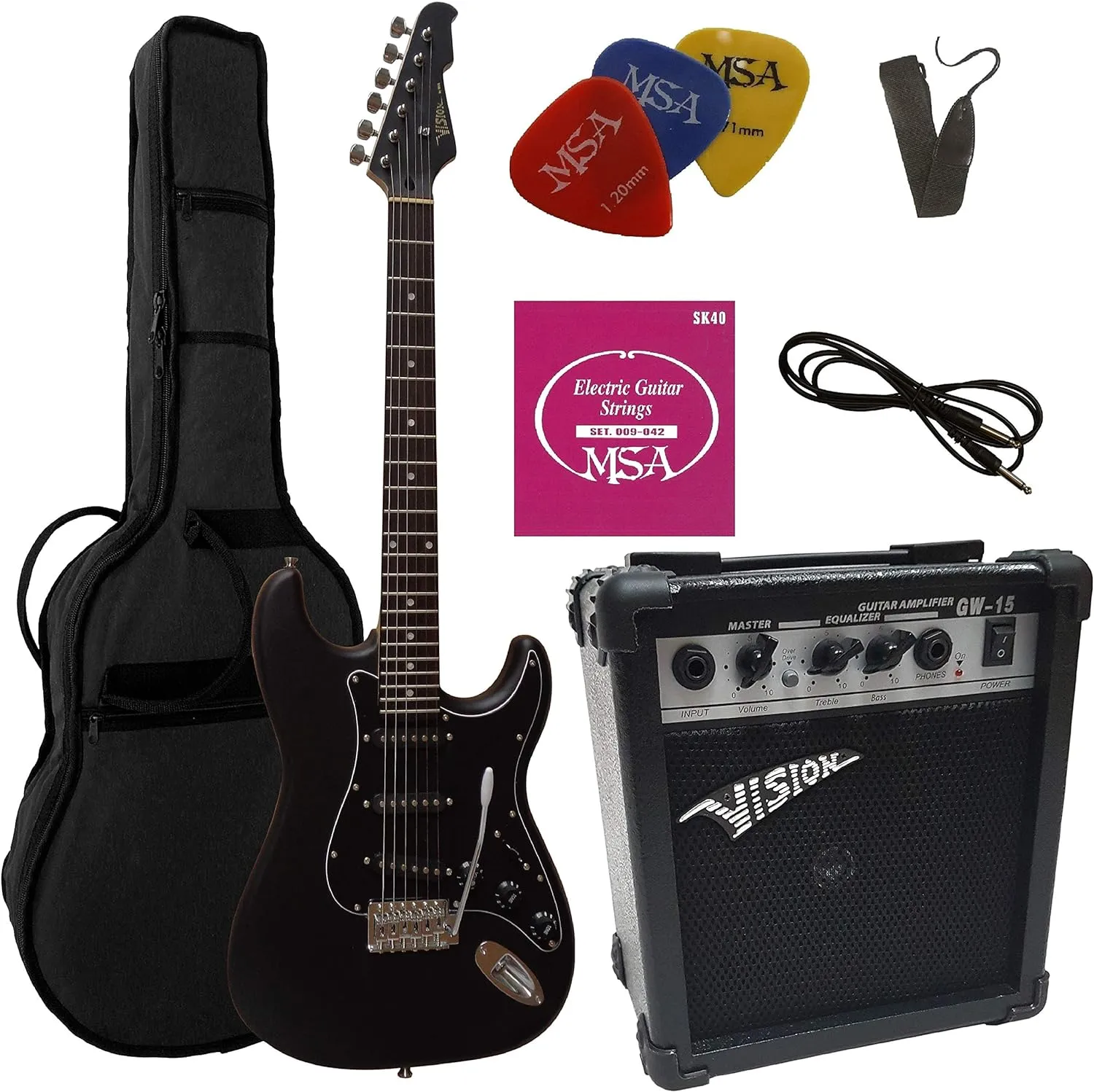 Bild von Elektrogitarre in Matt Schwarz im Set mit 20 Watt Verstärker, Tasche, Band, Saiten und drei Plekts