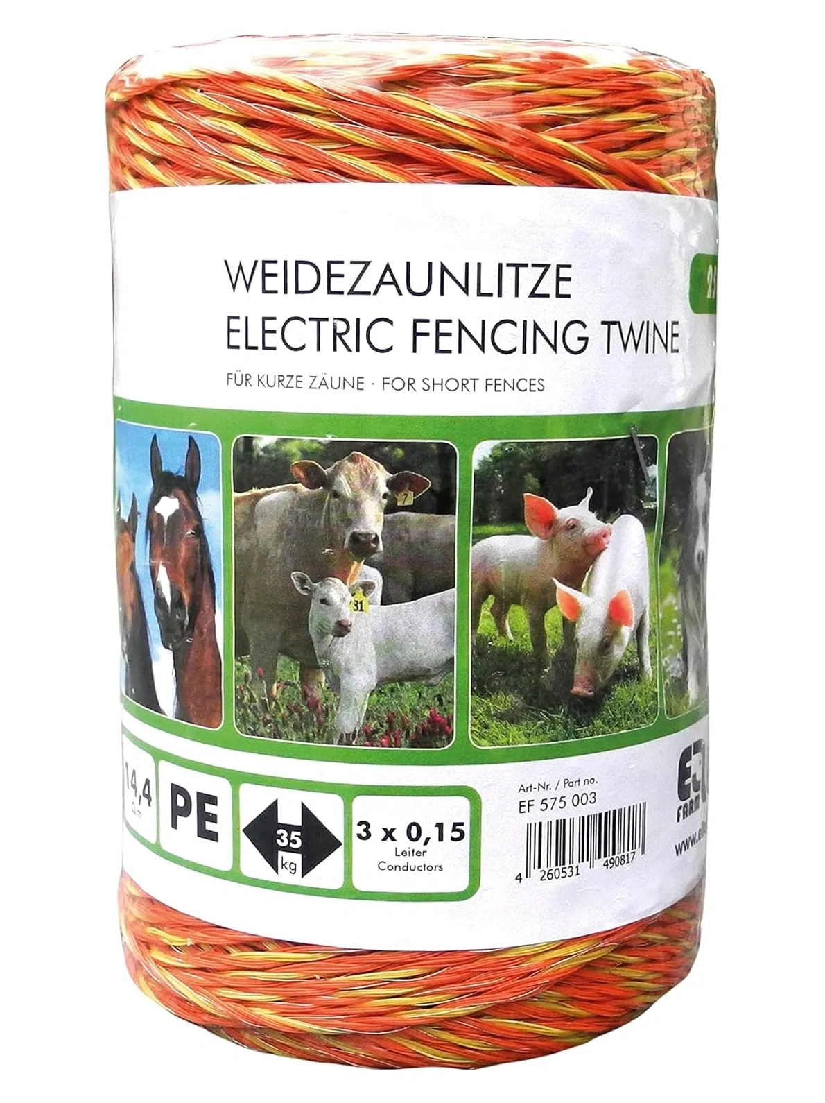 Bild von Ellofarm Weidezaunlitze in orange-gelb mit 3 Nirosta Leitern und einer Länge von 250 Metern