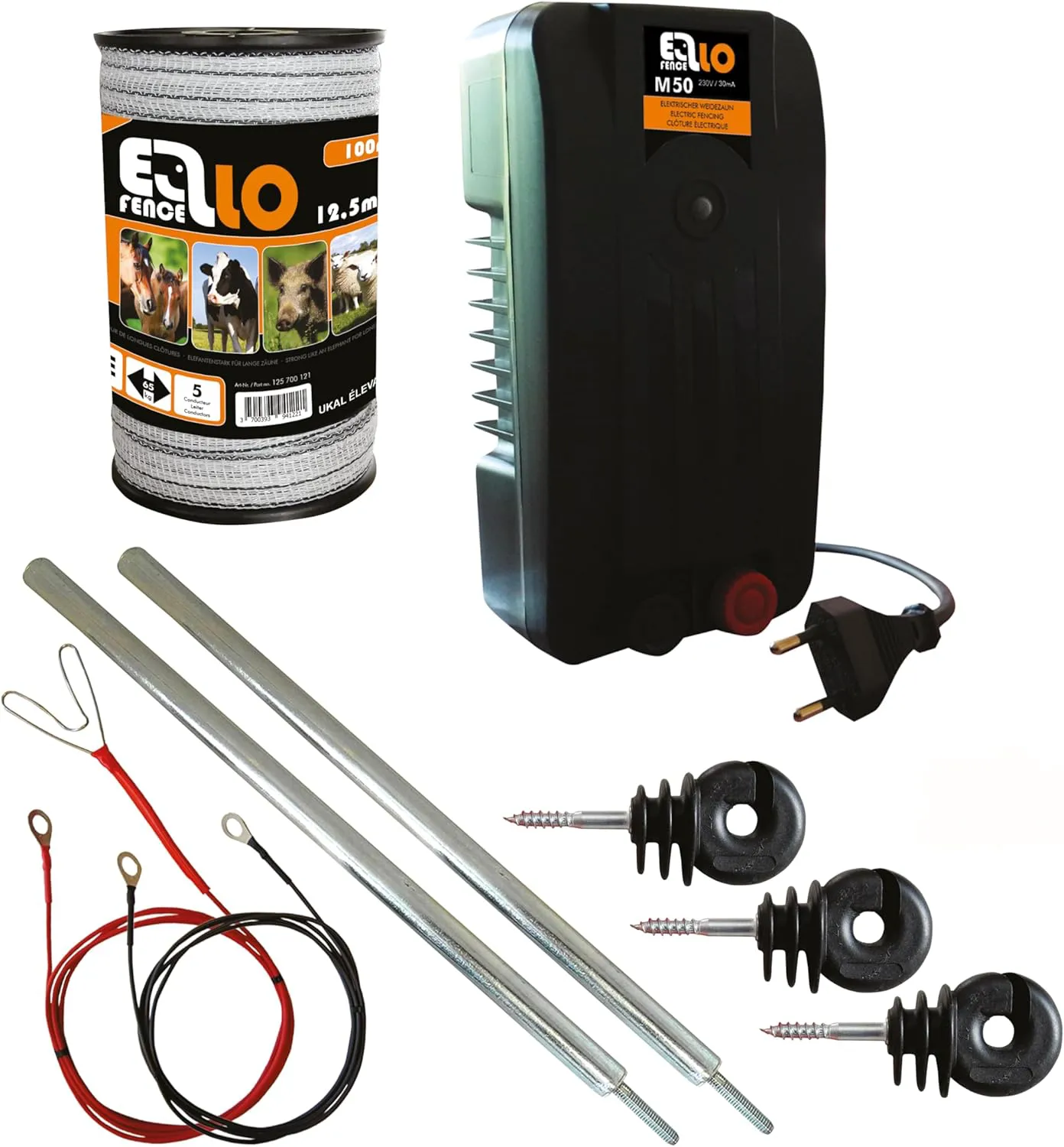 Bild von Ellofence Hobby Weidezaun Starterset mit Weidezaungerät, 12,5 mm Weidezaunband, Erdpfahl und Isolatoren, extrem leise, 230V