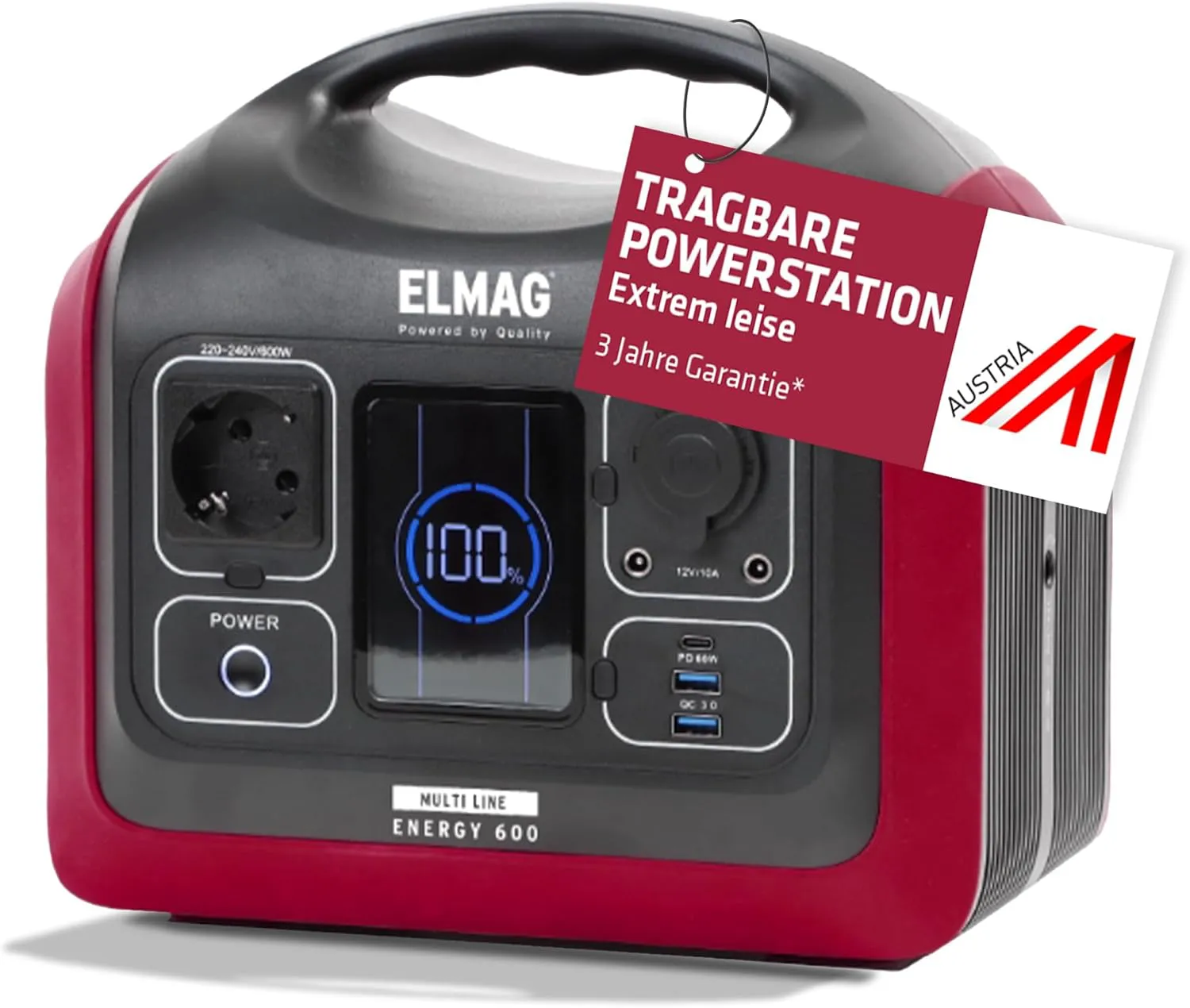 Bild von ELMAG ENERGY 600 tragbare Powerstation mit 595 Wh LiFePO4 Akku und 600 W Leistung, ideal für Reisen und Camping