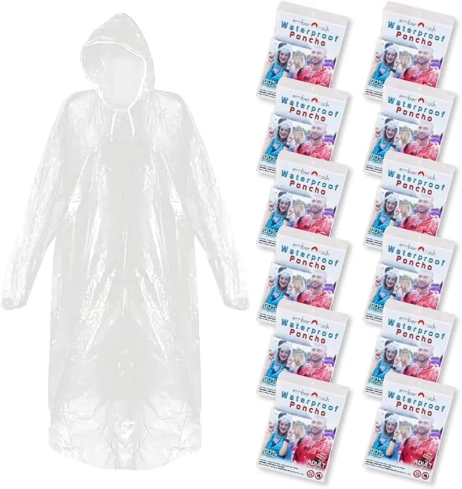 Bild von Ember Rock Einweg Regenponcho Set mit 12 transparenten Ponchos für Damen und Herren, mit Tunnelzugkapuze und elastischen Ärmeln