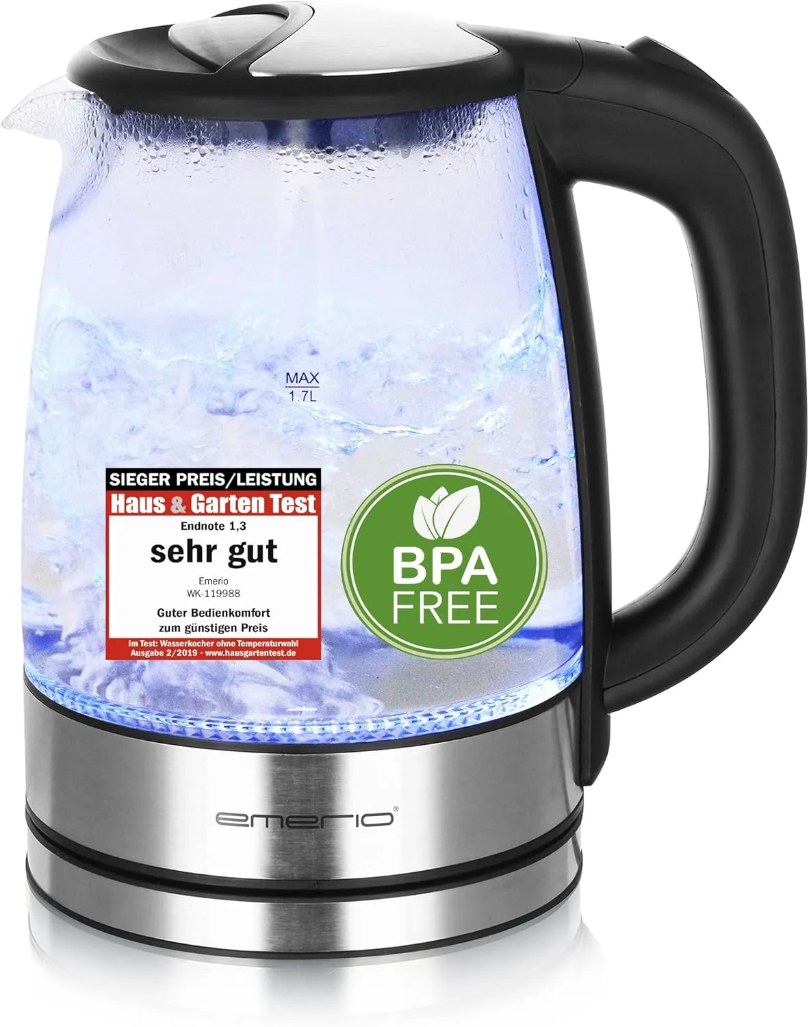 Bild von EMERIO Wasserkocher WK-119988.7 mit 1,7 Litern, 2200 Watt und blauer LED Innenbeleuchtung