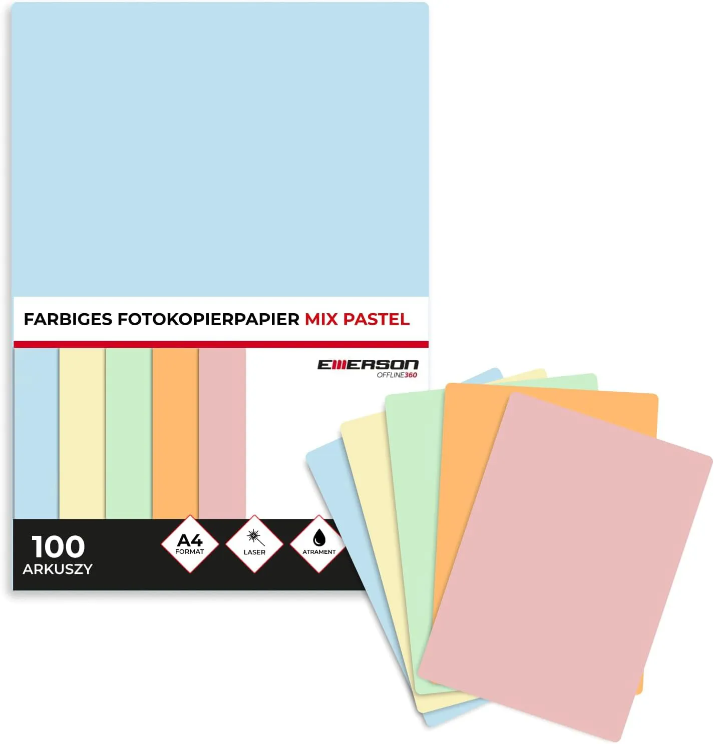 Bild von Emerson farbiges Druckerpapier A4 im Pastellmix mit 100 Blatt und 80 g/m2 für Laser- und Inkjetdrucker sowie Fotokopierer