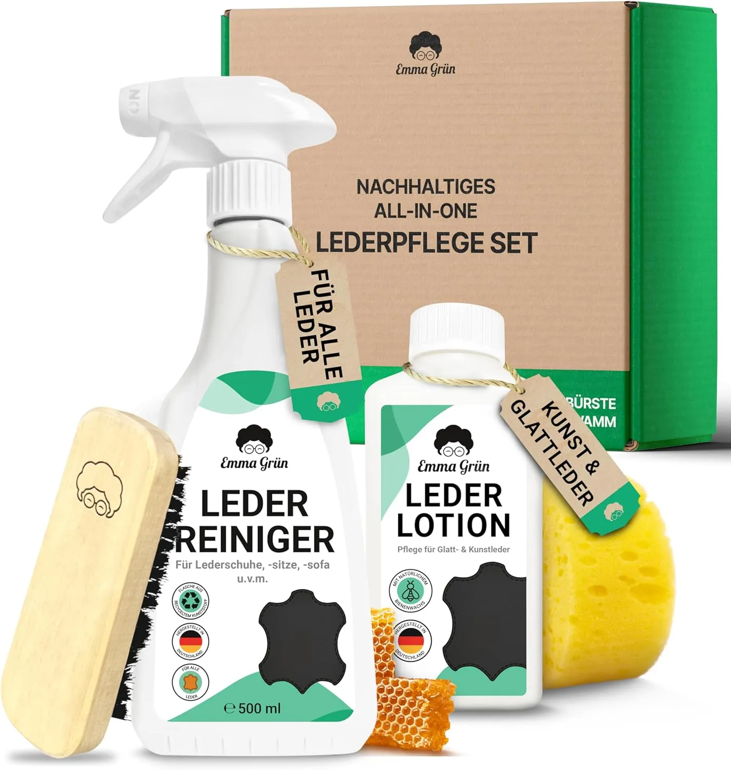 Bild von Emma Grün Lederreiniger und Pflege Set mit Bienenwachs für Glatt- und Kunstleder sowie Alcantara aus Deutschland