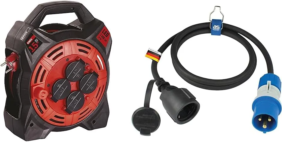 Bild von EMOS Kabeltrommel mit 15 m Outdoor-Kabel und 20 W LED-Fluter sowie Schwabe Camping CEE-Adapterleitung