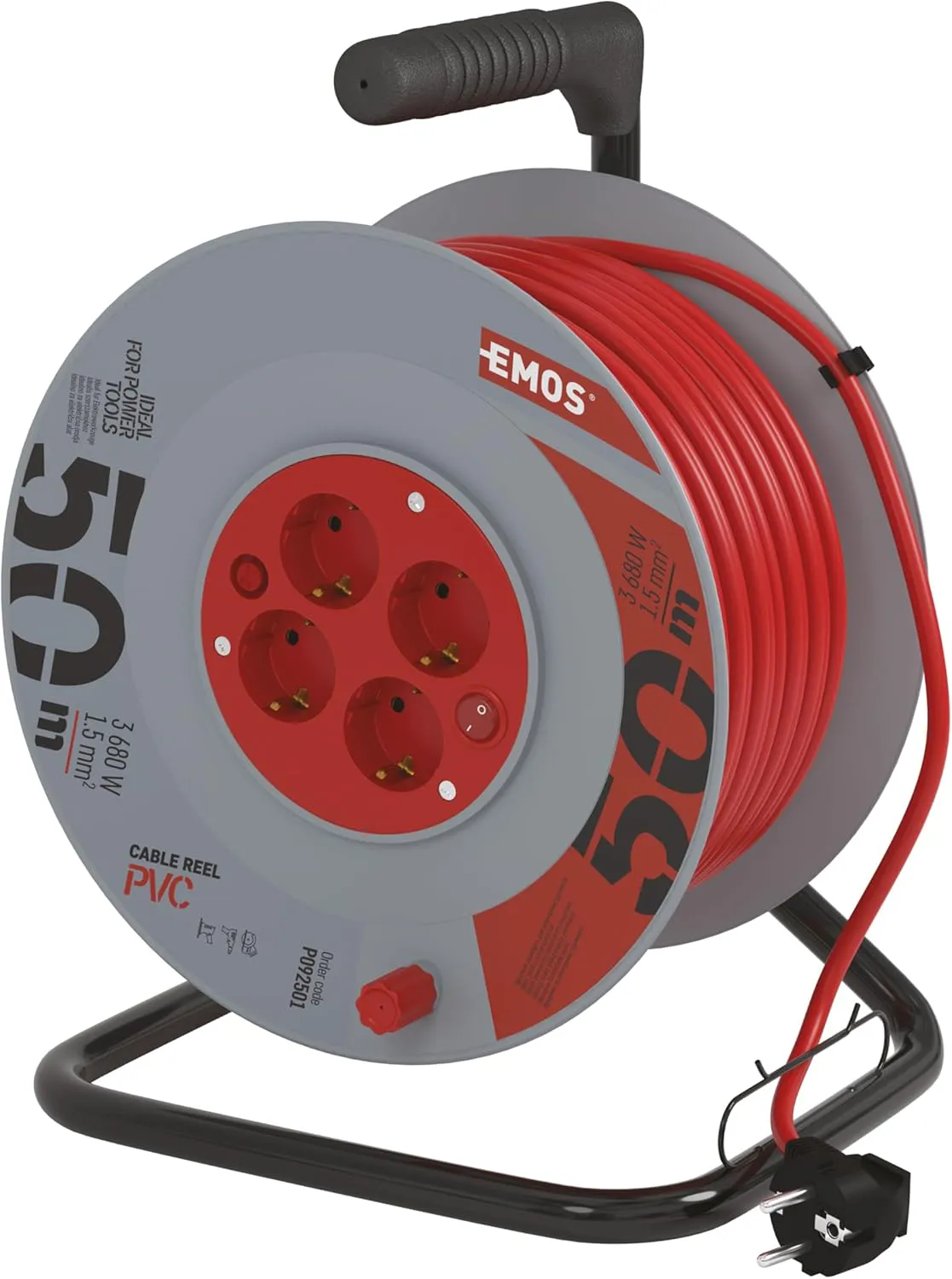 Bild von EMOS Kabeltrommel mit 50 Metern und Schalter, 4 Schuko-Steckdosen, 230 Volt, 16 Ampere, 3680 Watt, hochwertige PVC-Isolierung und Überhitzungsschutz, IP20 für Innenräume