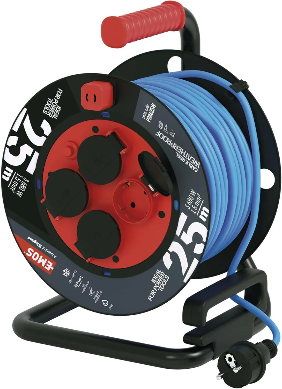 Bild von EMOS Outdoor-Kabeltrommel mit 25m Silikon-Kabel, 1,5 mm2, 4 Schuko Steckdosen, IP44 wasserdicht und frostbeständig
