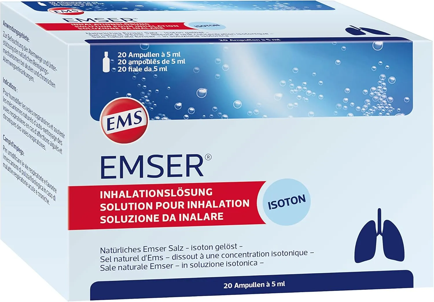 Bild von Emser Inhalationslösung mit natürlichem Emser Salz in 20 Ampullen zu je 5 ml für die Behandlung von Atemwegserkrankungen