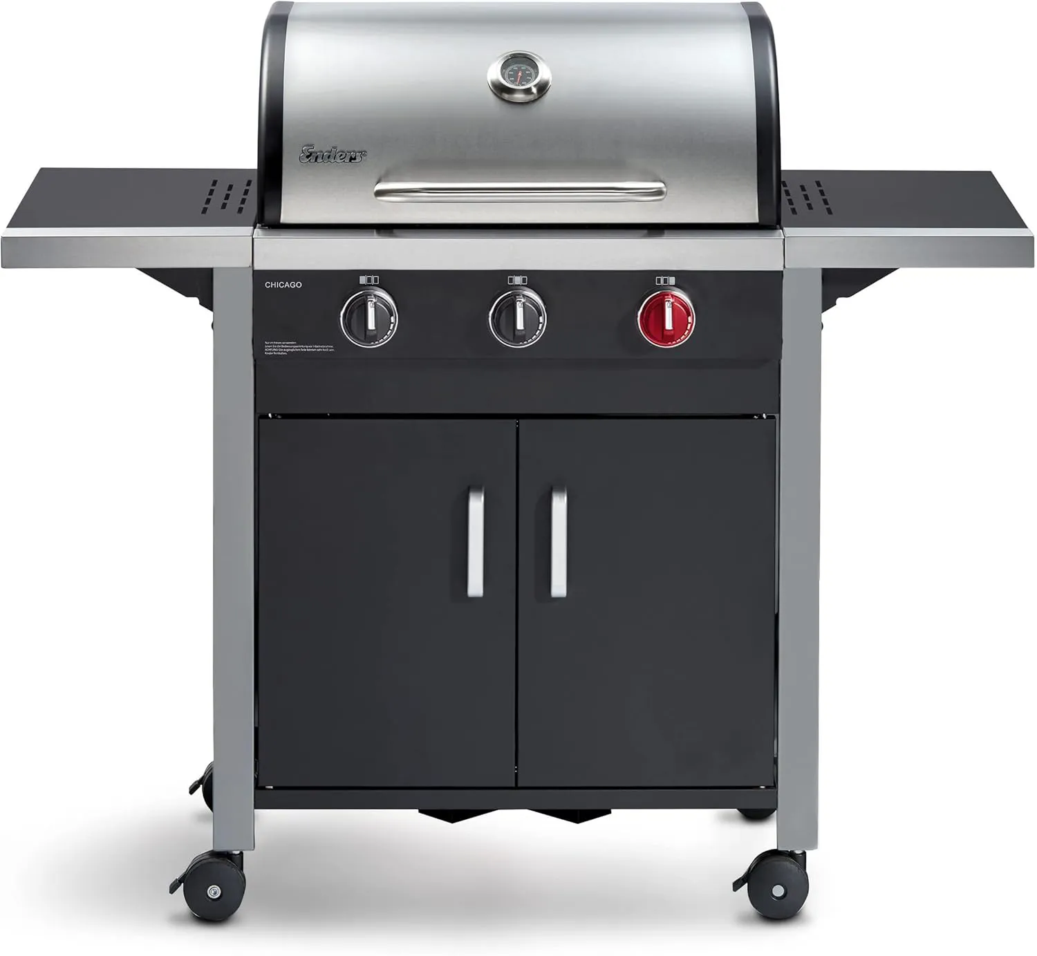 Bild von Enders Chicago 3 R Turbo Gasgrill mit 3 Brennern, Gussrost und doppelwandigem Edelstahl-Deckel, inklusive Grill-Thermometer und SWITCH GRID Grillwagen, Schwarz/Silber, Artikelnummer 893776