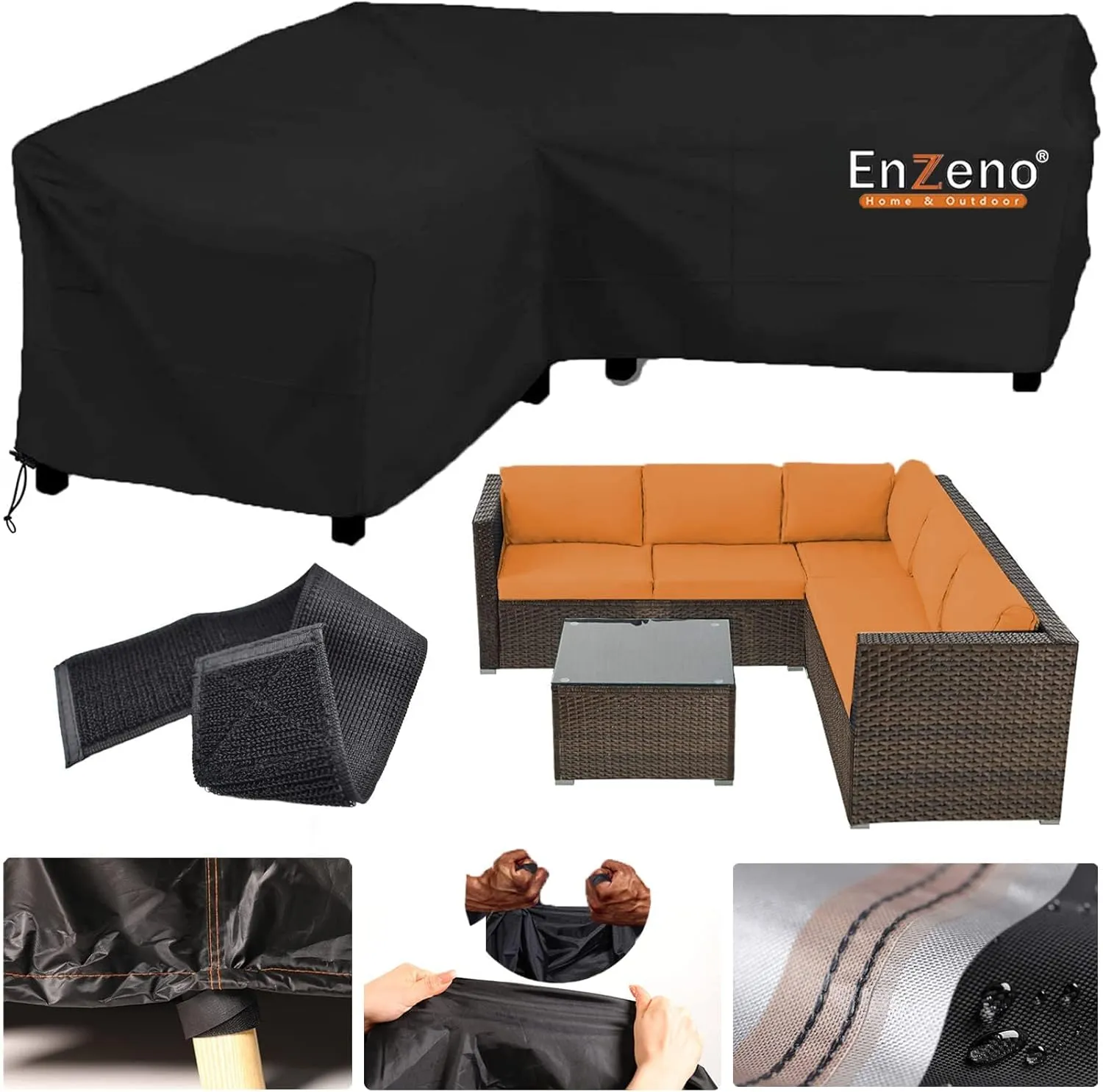 Bild von Enzeno Abdeckung für Gartenmöbel in L-Form, wasserdicht und winddicht, geeignet für Ecksofas und Loungegruppen, Maße 255 x 255 x 87 cm