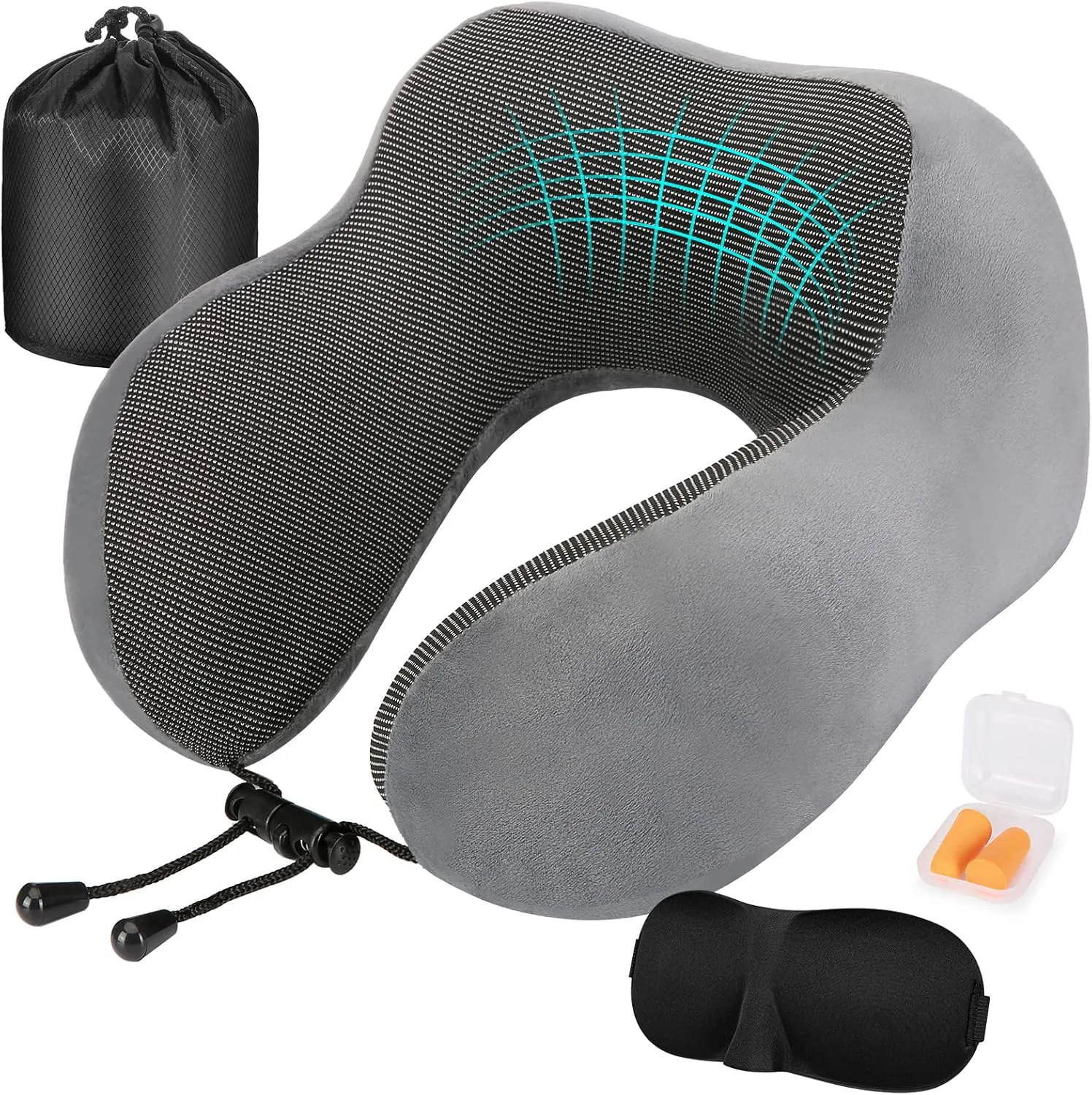 Bild von Eono Nackenkissen aus Memory Foam mit ergonomischem Design, inklusive Schlafmaske und Ohrstöpseln, ideal für Reisen und Büro