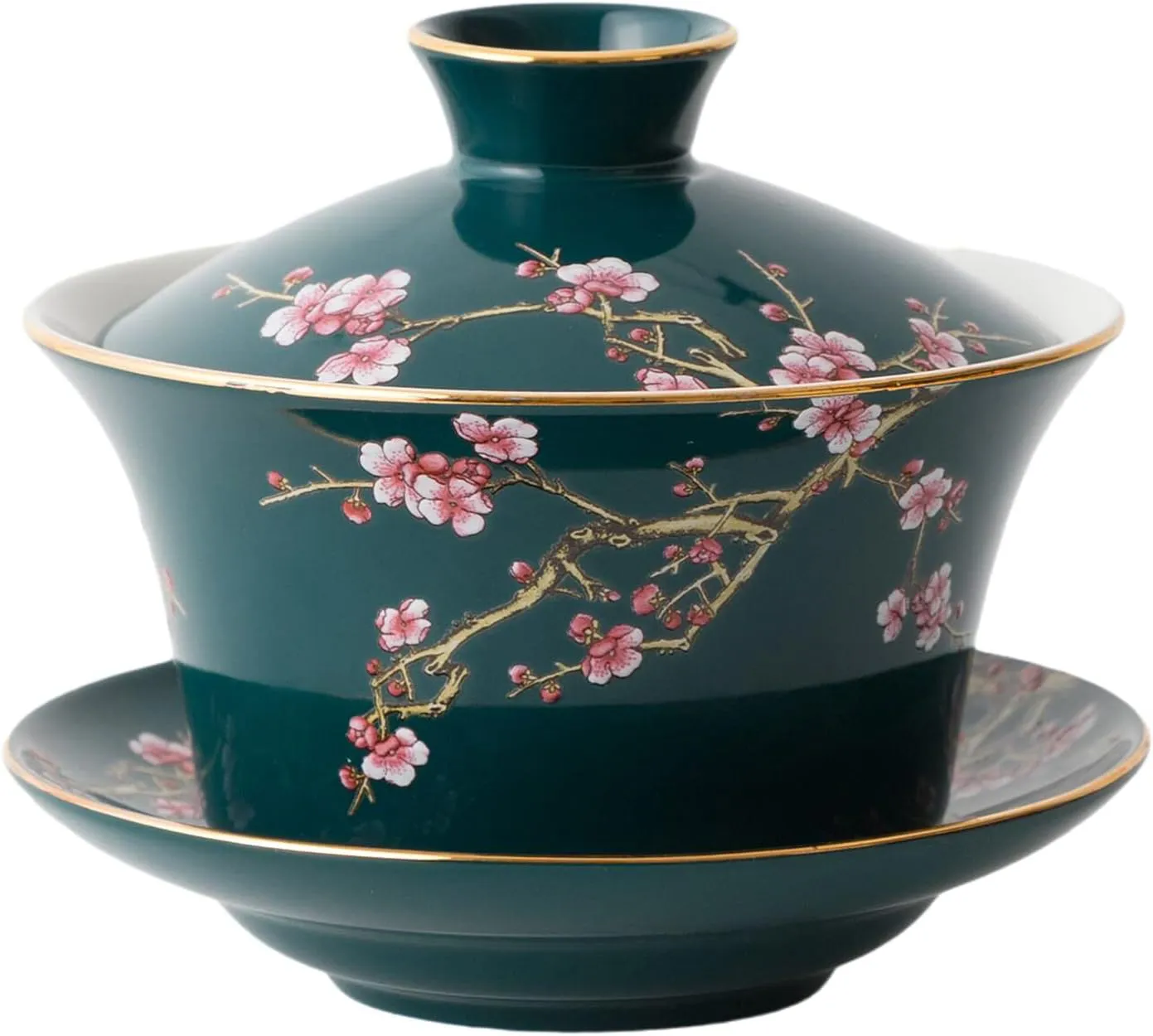 Bild von Eplze Gaiwan Teetasse Set aus Porzellan mit Untertasse und Deckel im traditionellen chinesischen Design mit Pflaumenmuster in Grün