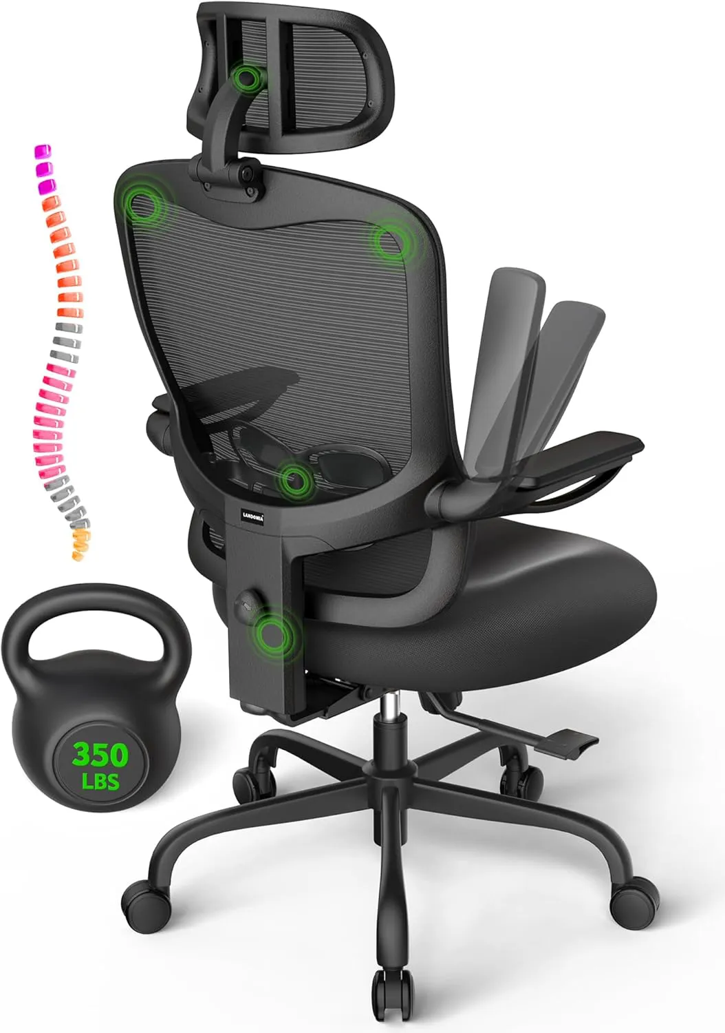 Bild von Ergonomischer Bürostuhl mit verstellbarer Rückenlehne, Lendenstütze, 3D-Kopfstütze und hochklappbaren Armlehnen