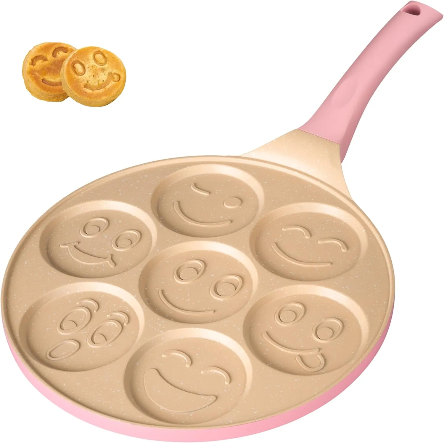 Bild von Erreke Pancake Pfanne für Induktion in Pink mit 7 Smiley Motiven und weichem Griff