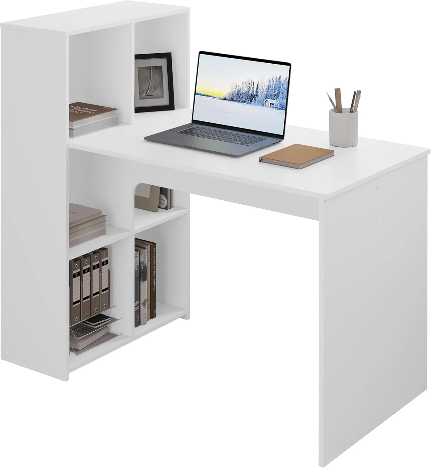 Bild von eSituro Eckschreibtisch mit Regal in Weiß, 120x63 cm, montierbar links oder rechts, ideal für Arbeitszimmer und Büro