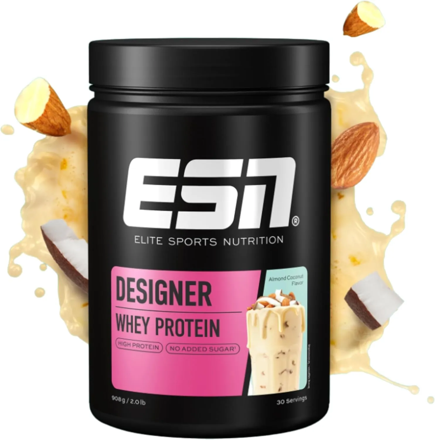 Bild von ESN Designer Whey Protein Pulver mit Mandel und Kokosnuss, 908 g, bis zu 23 g Protein pro Portion, hergestellt in Deutschland