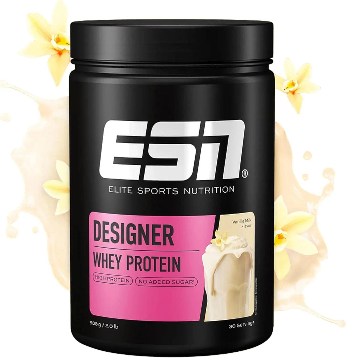 Bild von ESN Designer Whey Protein Pulver Vanille 908 g mit bis zu 23 g Protein pro Portion, ideal für Muskelaufbau und -erhalt, hergestellt in Deutschland