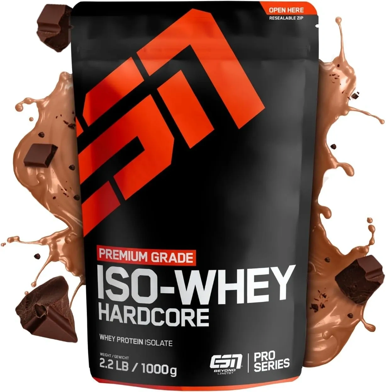 Bild von ESN IsoWhey Hardcore Proteinpulver mit Schokoladengeschmack, 1 kg, bis zu 26 g Protein pro Portion, geprüft in Deutschland