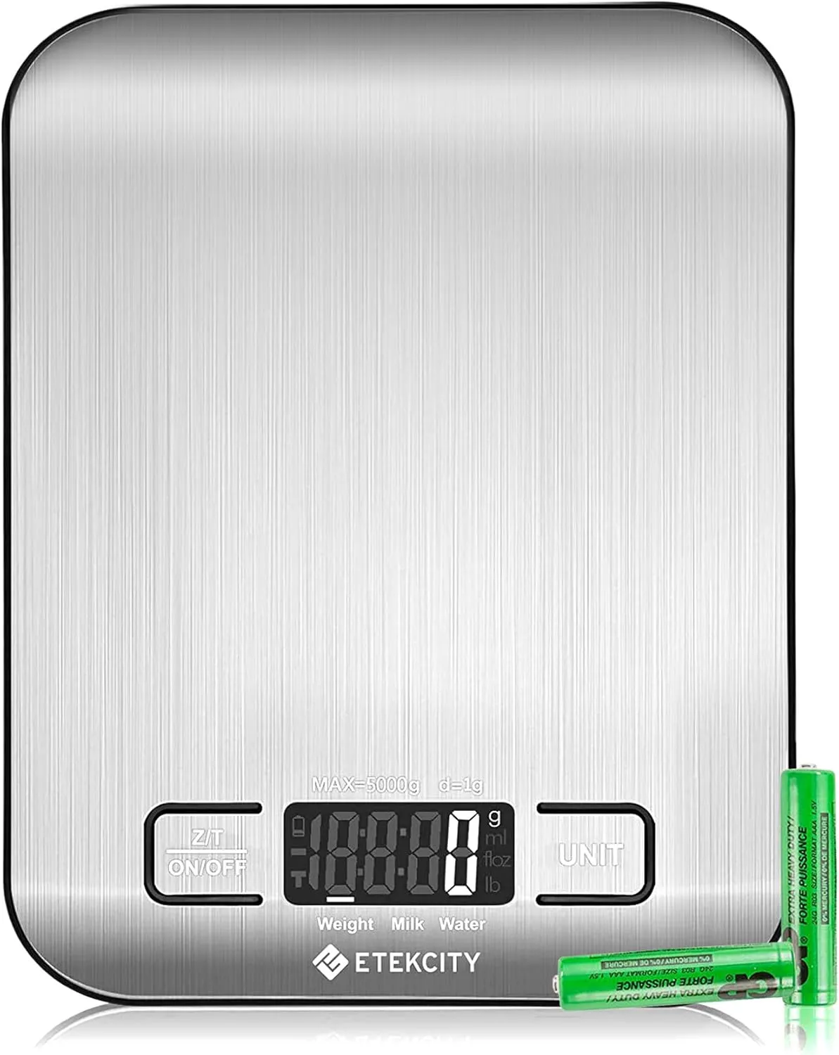 Bild von ETEKCITY digitale Küchenwaage bis 5 kg mit großem LCD-Display und Edelstahl-Wiegefläche, präzise bis 1 g, inklusive Tara-Funktion und Flüssigkeitsmessung