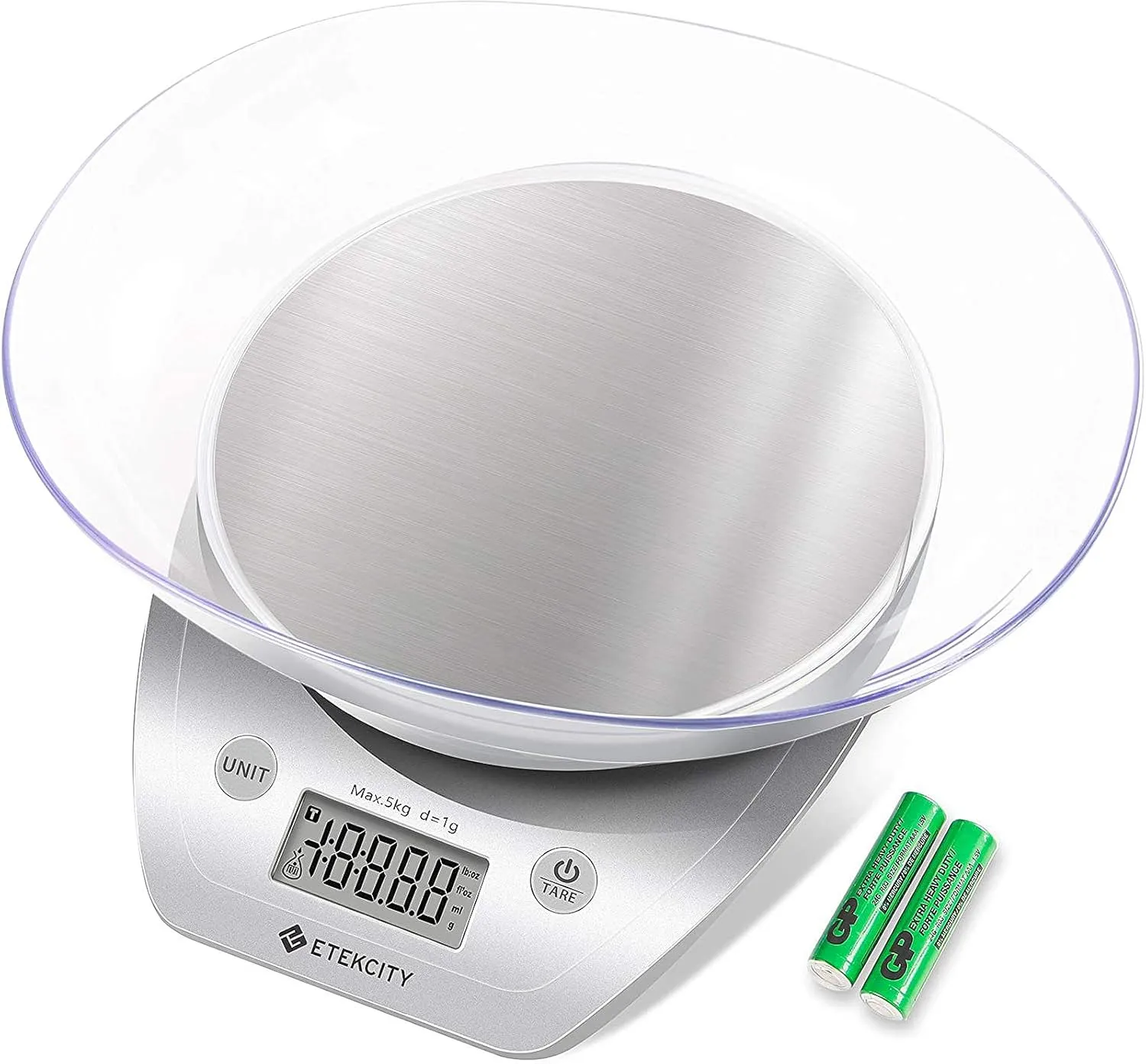 Bild von ETEKCITY digitale Küchenwaage mit abnehmbarer Schüssel, 5 kg Kapazität, präzise bis 1 g, großes LCD-Display, silbernes Edelstahl-Design