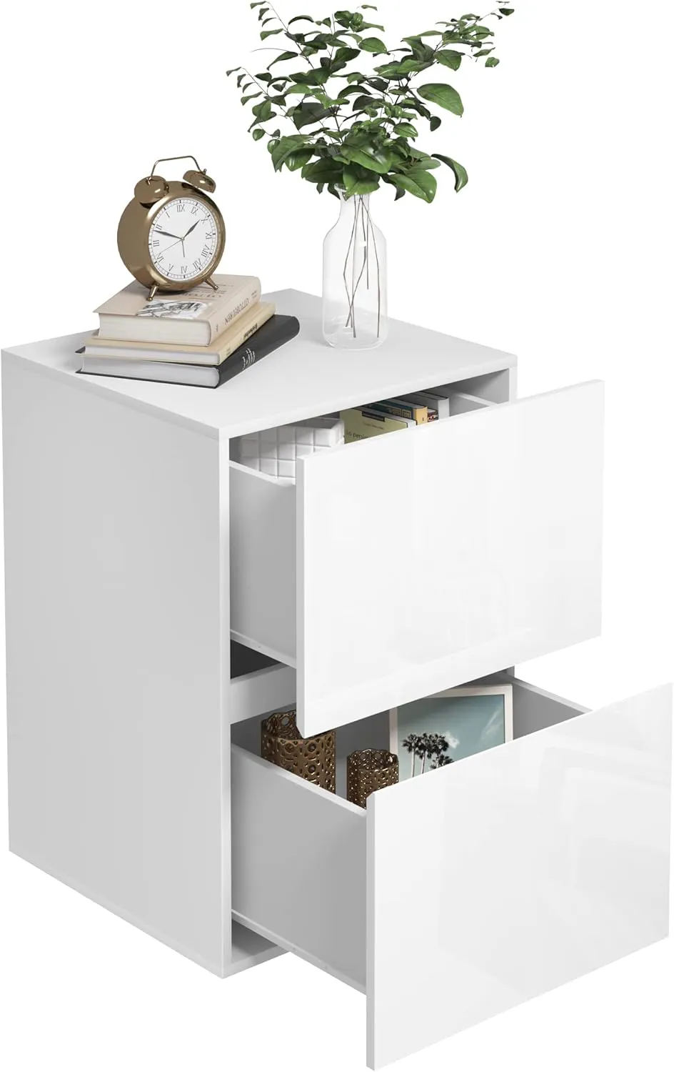Bild von EUGAD Nachttisch 0182ZZ in Weiß mit Hochglanzoberfläche, 2 Schubladen, ideal für Schlafzimmer und Wohnzimmer, Maße 40x58x40 cm