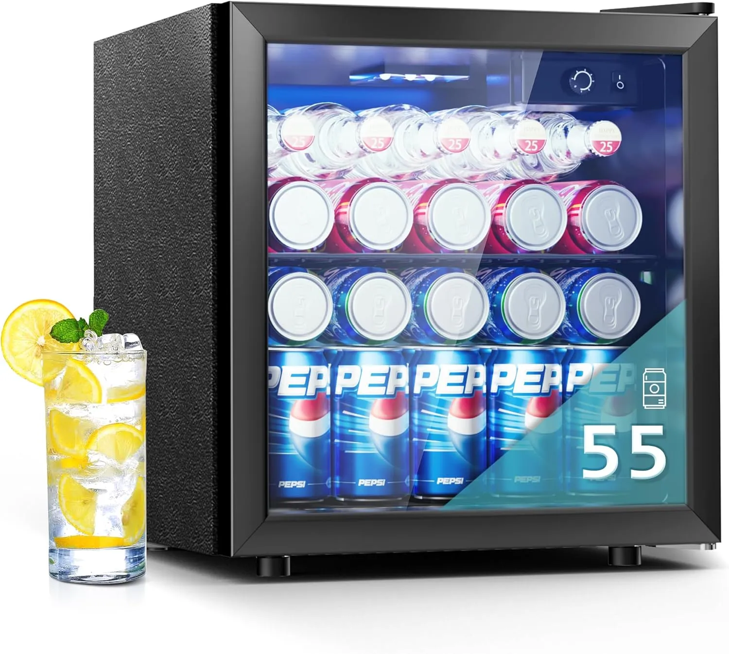 Bild von EUHOMY Mini Getränkekühlschrank mit Glastür für 55 Dosen, 36 Liter, geräuscharm, freistehend und mit LED-Beleuchtung