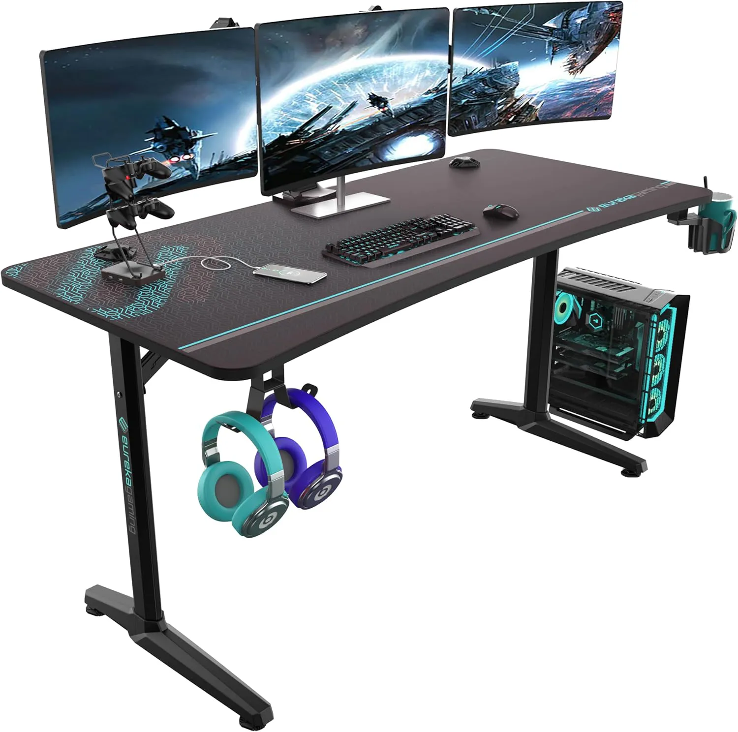 Bild von Eureka Ergonomic Gaming Tisch 152 x 70 cm mit Kopfhörerhaken und Getränkehalter für das Home Office