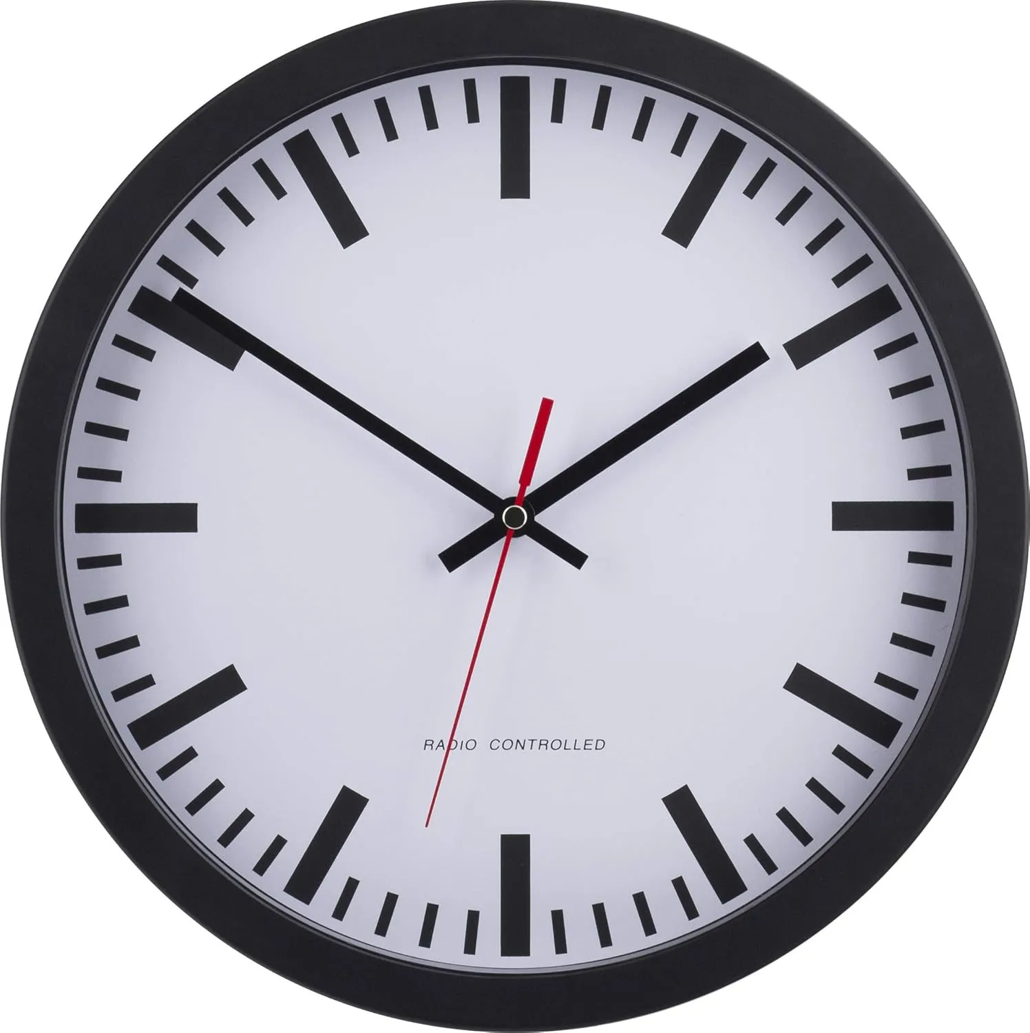 Bild von Eurotime Funkwanduhr mit 30 cm Durchmesser, schwarzem Kunststoffgehäuse, Echtglas und automatischer Zeitumstellung, Artikelnummer 53830-05