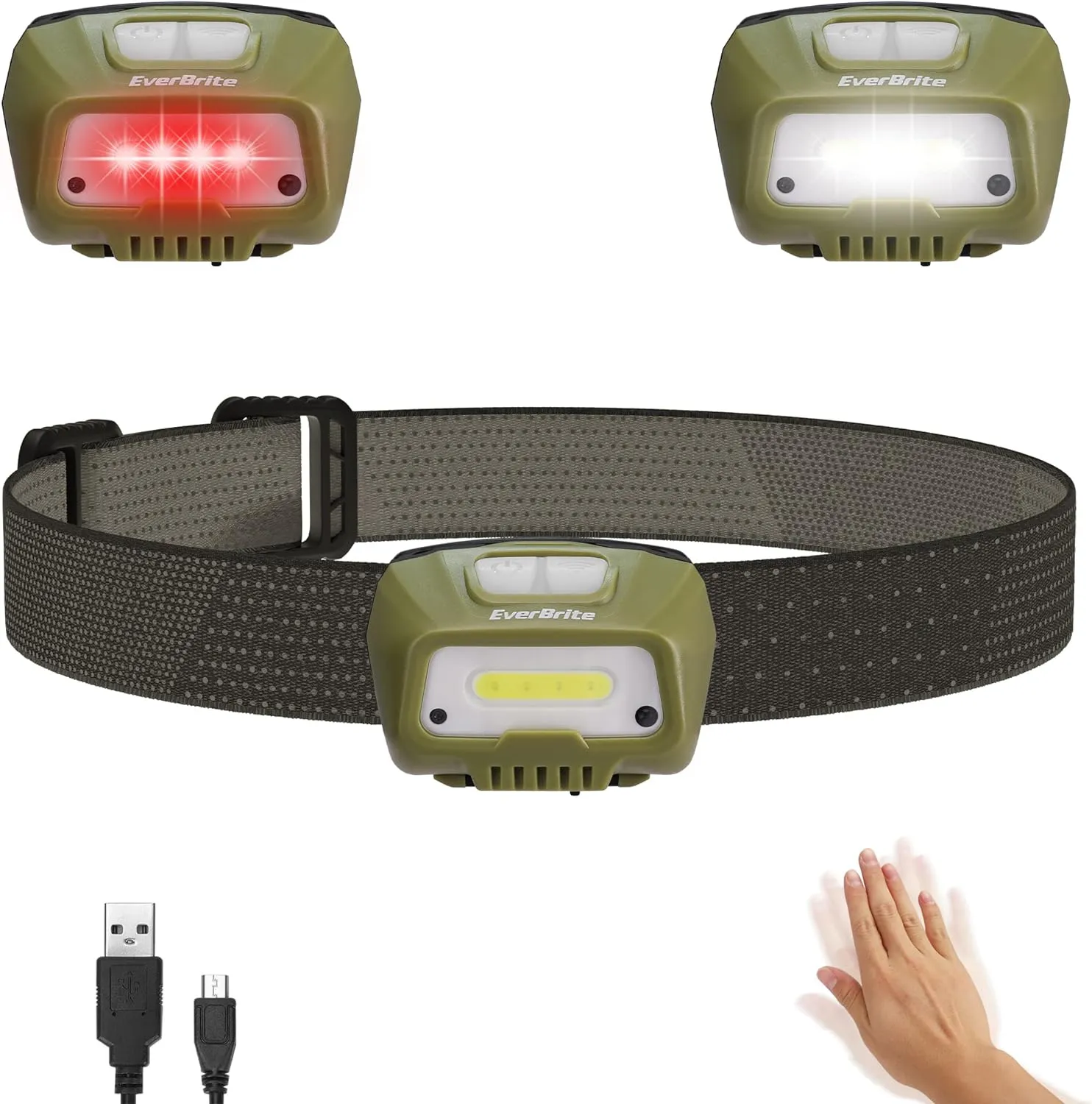 Bild von EverBrite wiederaufladbare LED Stirnlampe in Grün mit 350 Lumen, IP44 Schutz, 4 Modi, Rotlicht und Bewegungssensor, leicht mit 78 g, ideal zum Joggen, Wandern und Camping, inklusive Micro USB Kabel