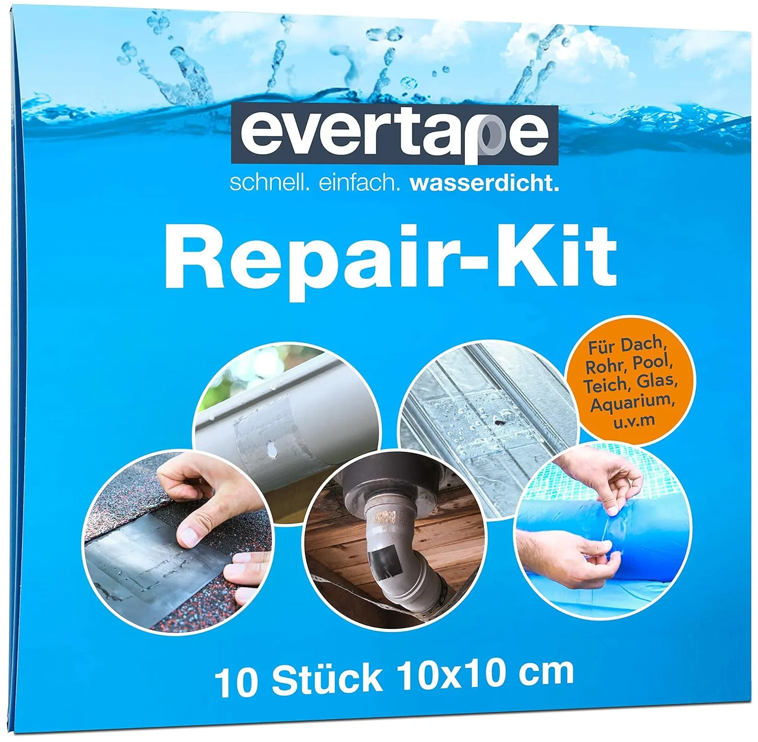 Bild von Everfix Evertape Reparaturset mit 10 wasserdichten Tapes in transparenten 10 x 10 cm