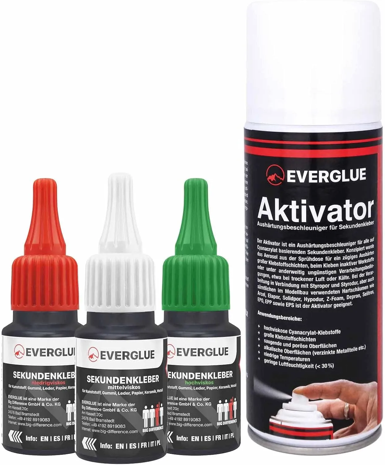 Bild von EVERGLUE Sekundenkleber Set mit 20g dünn, mittel und dick sowie 200ml Aktivator für starke Reparaturen im Hobby, Beruf und Haushalt