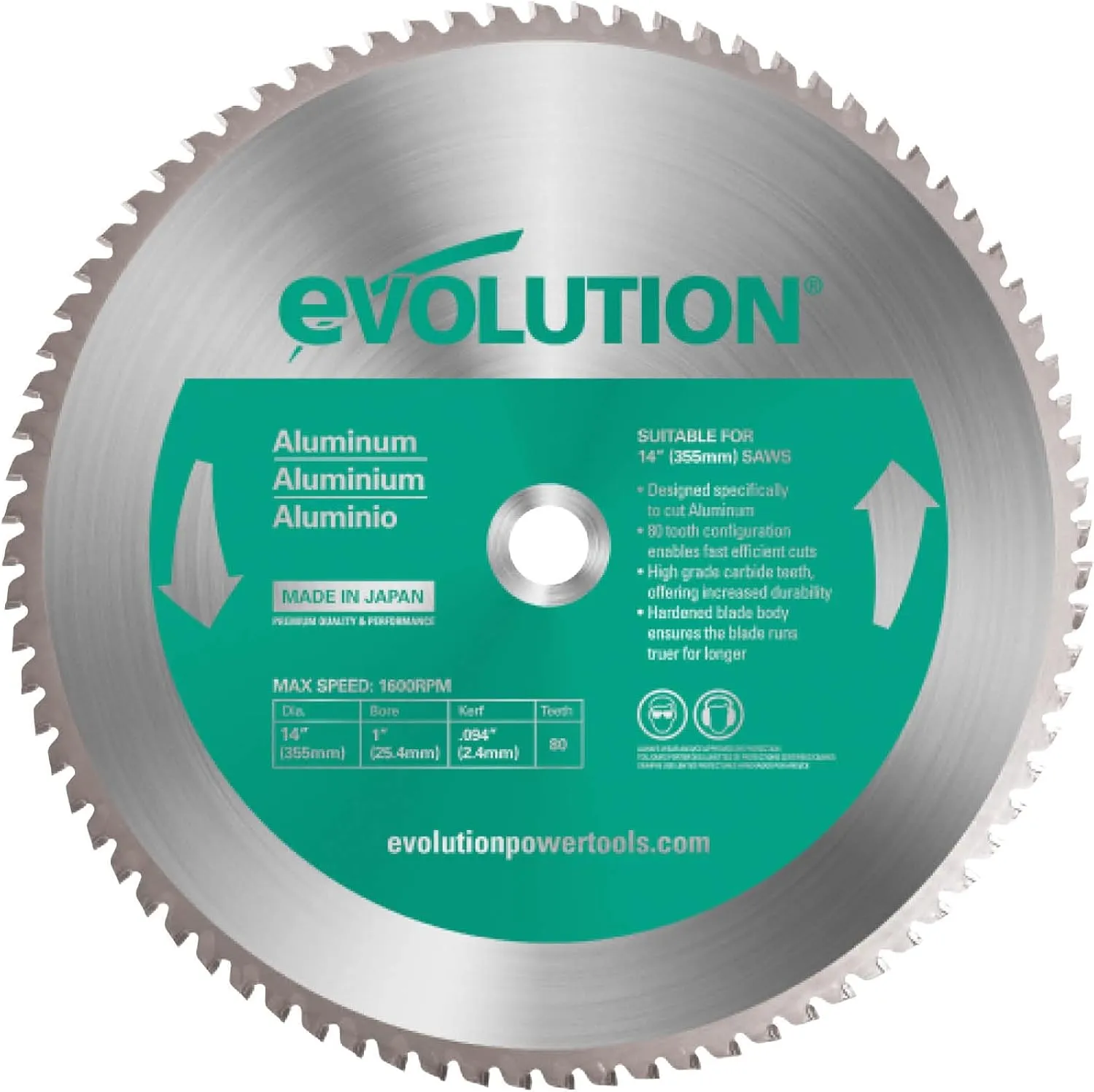 Bild von Evolution A355TCT-80CS Sägeblatt mit 355 mm für Aluminium und Metall, 80 Zähne, Hartmetallbestückung
