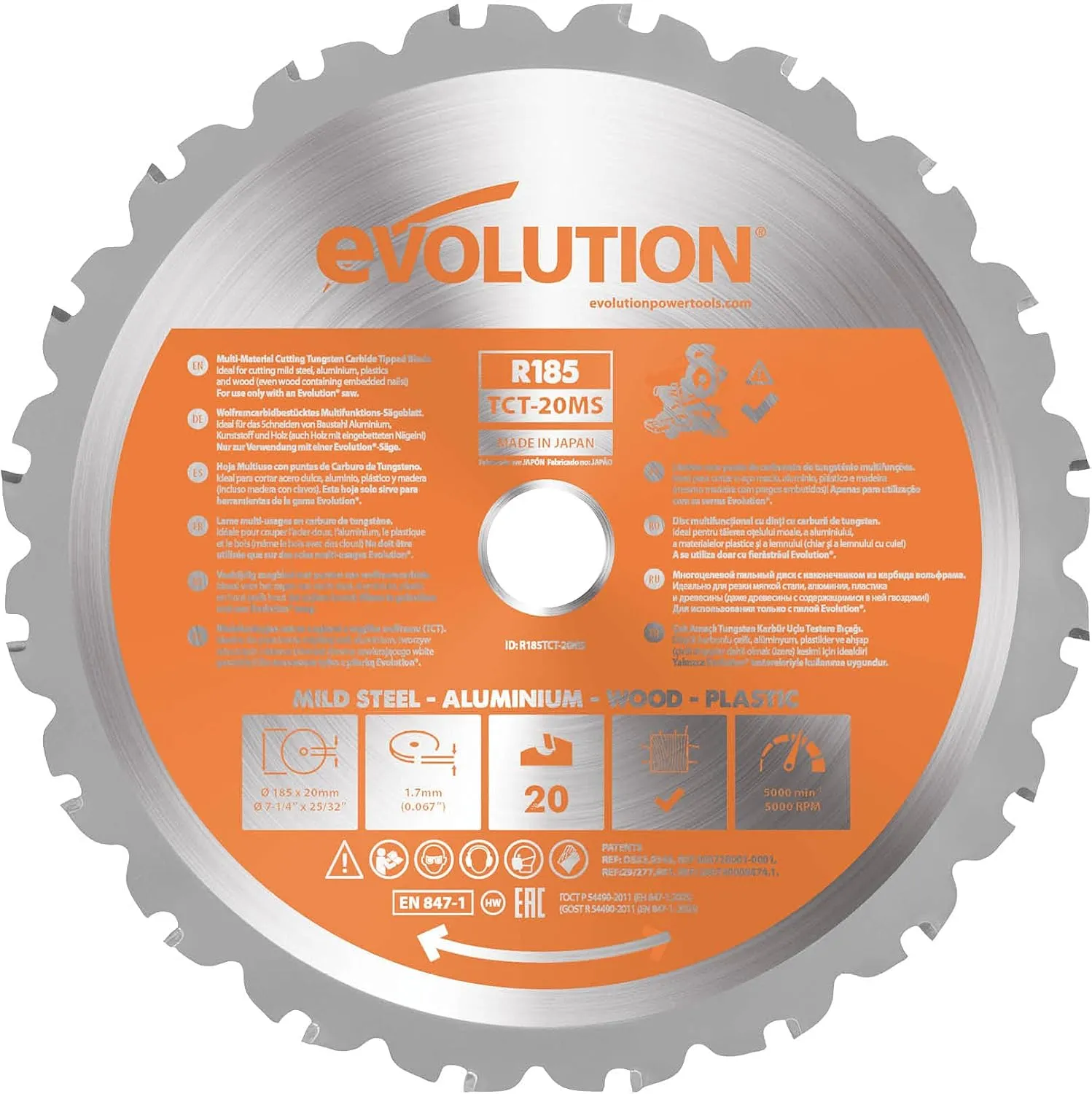Bild von Evolution R185TCT-20MS Universalblatt mit 185 mm Durchmesser und 20 Hartmetallzähnen für Holz, Metall und Kunststoff