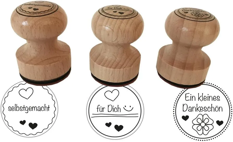 Bild von ewtshop Stempel Set mit 3 Holzstempeln, Durchmesser 3 cm, für persönliche Dankeschöns